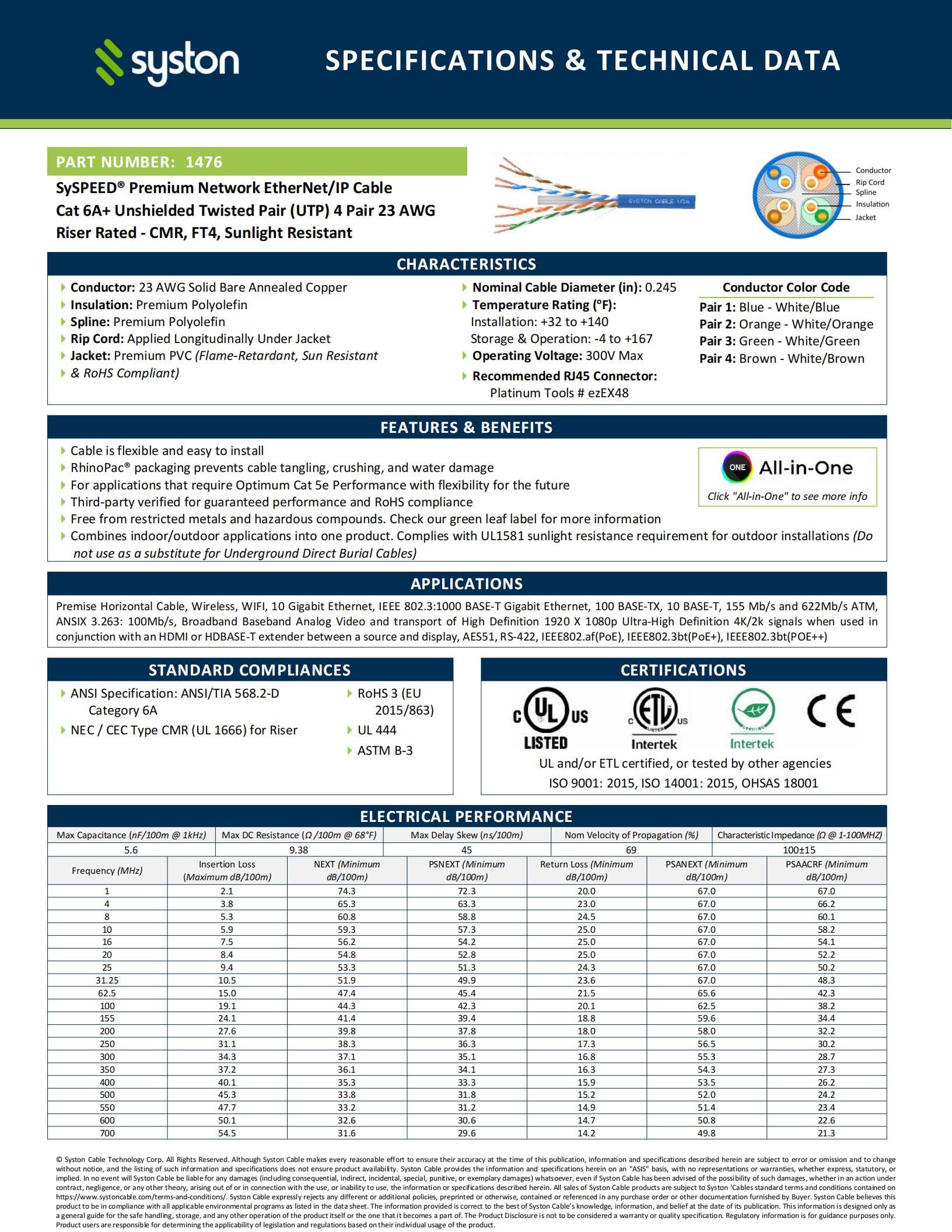 Syston Cable Technology Cable de red Ethernet Cat 6A+, 750 MHz, 23 AWG, UTP, alambre de cobre sólido sin extremos, resistente al calor y a los rayos UV, cumple con RoHS para cable LAN de datos PoE