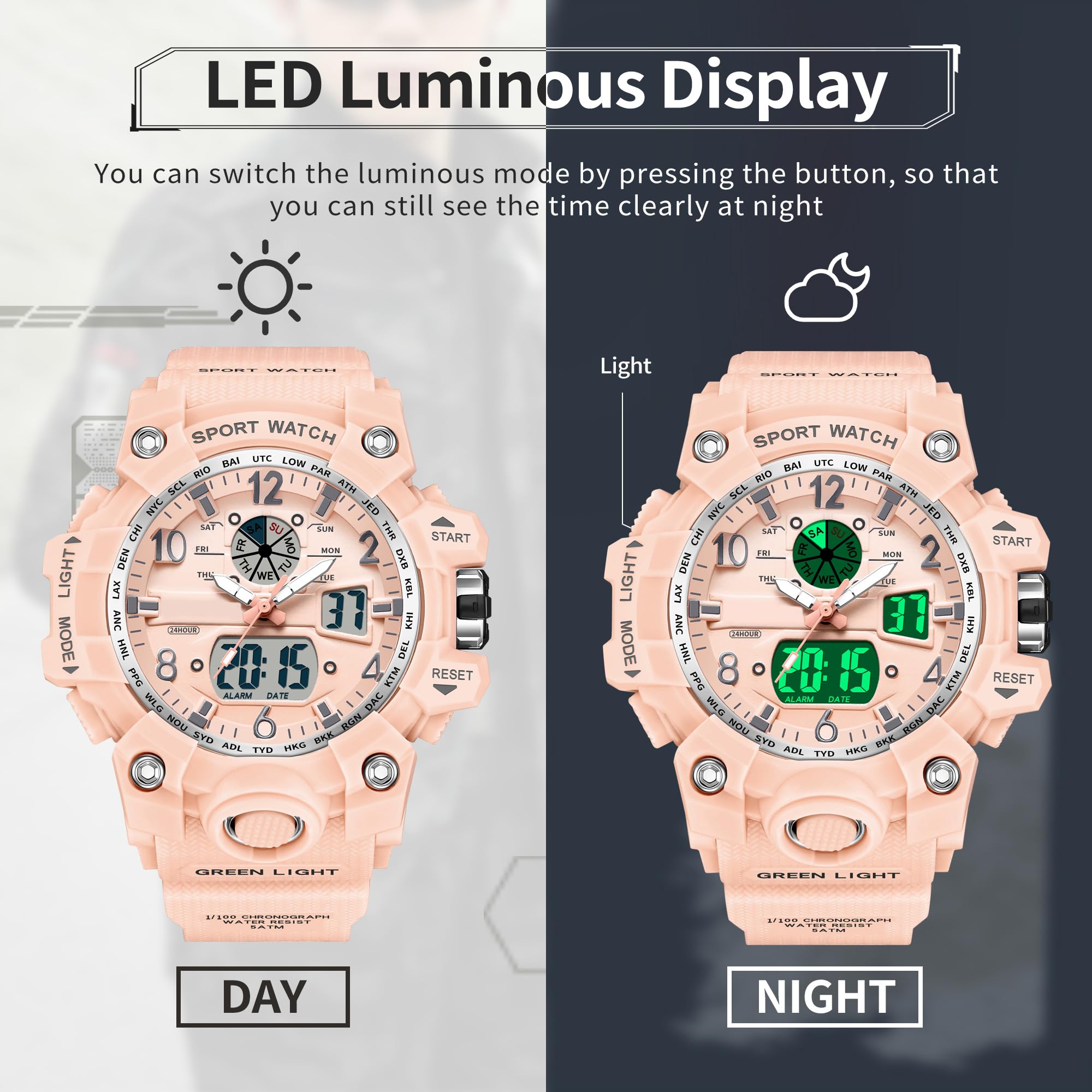 findtime Montre-bracelet numérique pour femme - Étanche jusqu'à 5 ATM - Montre militaire - Montre numérique pour garçons et filles - Montre de sport analogique numérique LED multifonction avec réveil