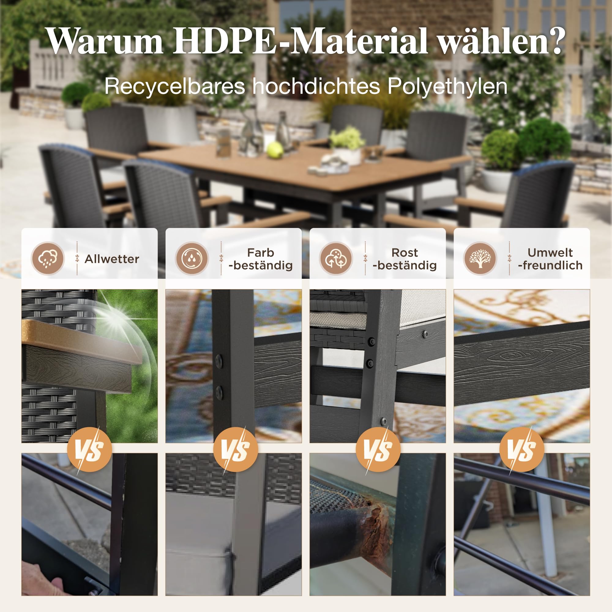 PHI VILLA 7-teiliges Rattan Gartenmöbel Set mit Esstisch und 6 Stühlen, Gartentisch Wetterfest und Gartenstuhl mit Dickerem Kissen, E-Beschichtung Metall Terrassenmöbel Outdoor Balkonmöbel Set für 6