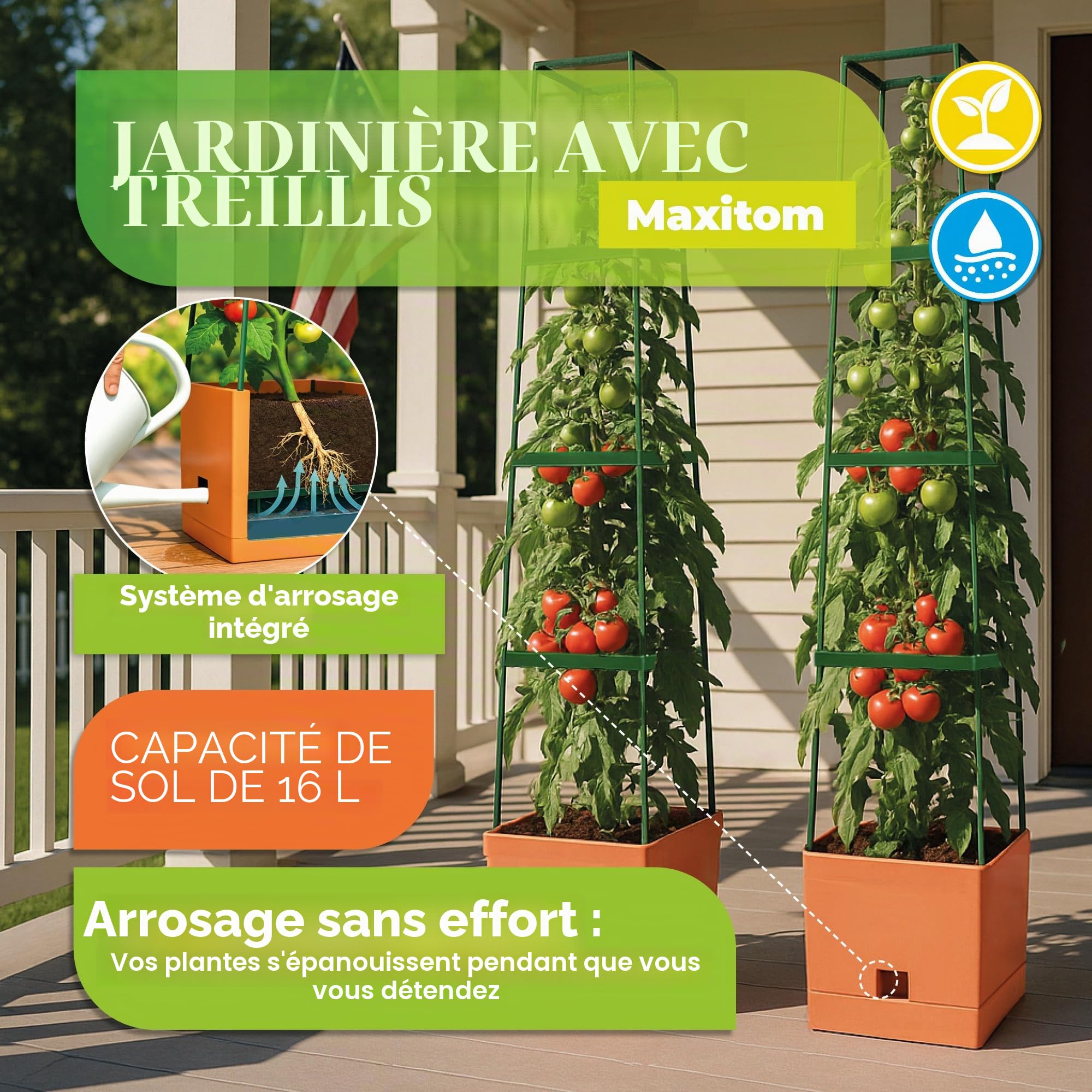 Bio Green Maxitom Lot de 2 jardinières pour tomates avec Treillis de 150 cm et arrosage Automatique, bac de 16 litres pour Plantes grimpantes, Terracotta