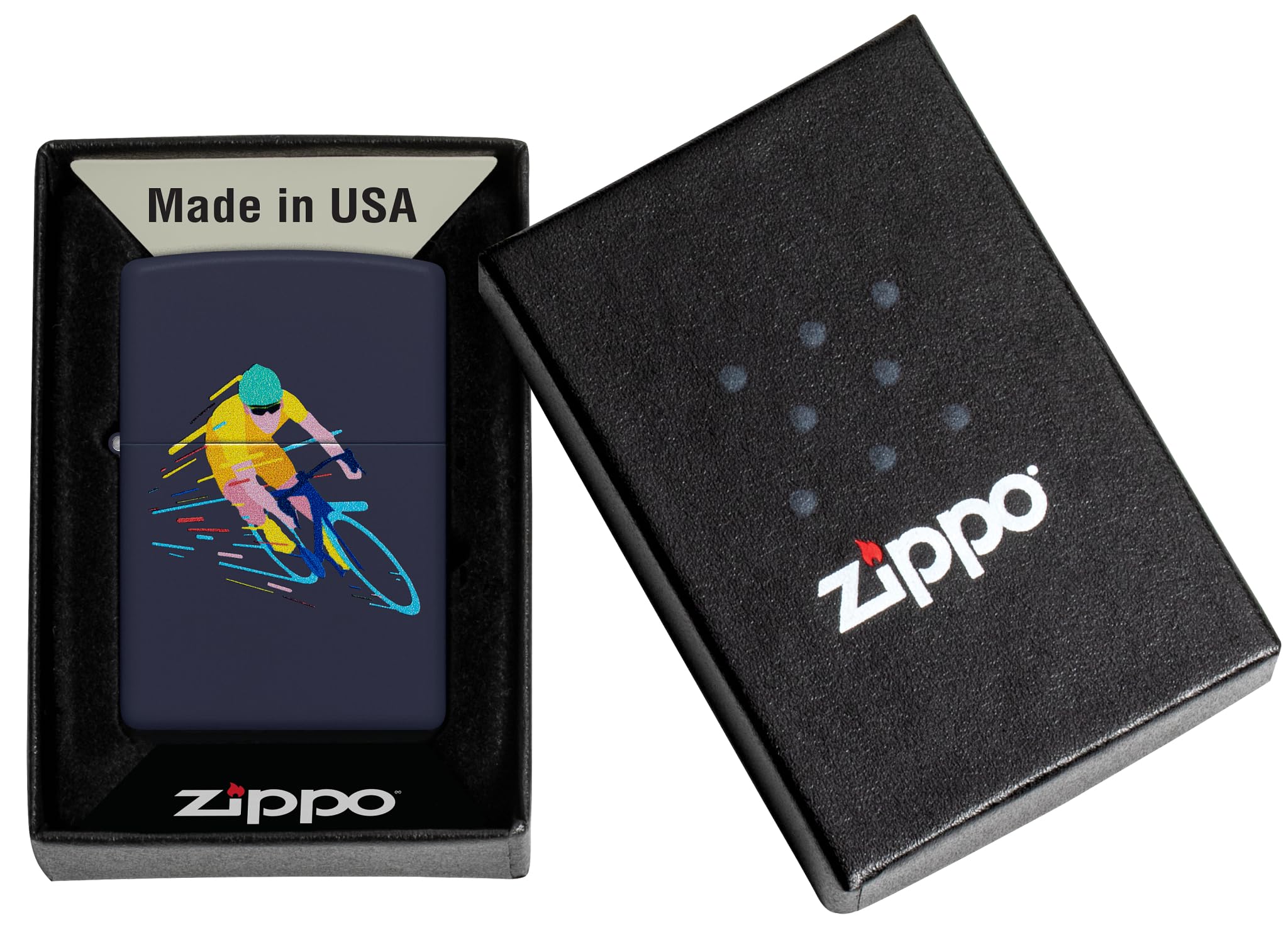 Zippo Cyclist Zapalniczka Sztormowa, Kolorowy Nadruk (Obustronny), do Napełniania, Wielokrotnego Użytku, Wiatroodporna Konstrukcja, Pudełko na Prezent, Wykonano w USA, Kolor Granatowy (Navy Matte)