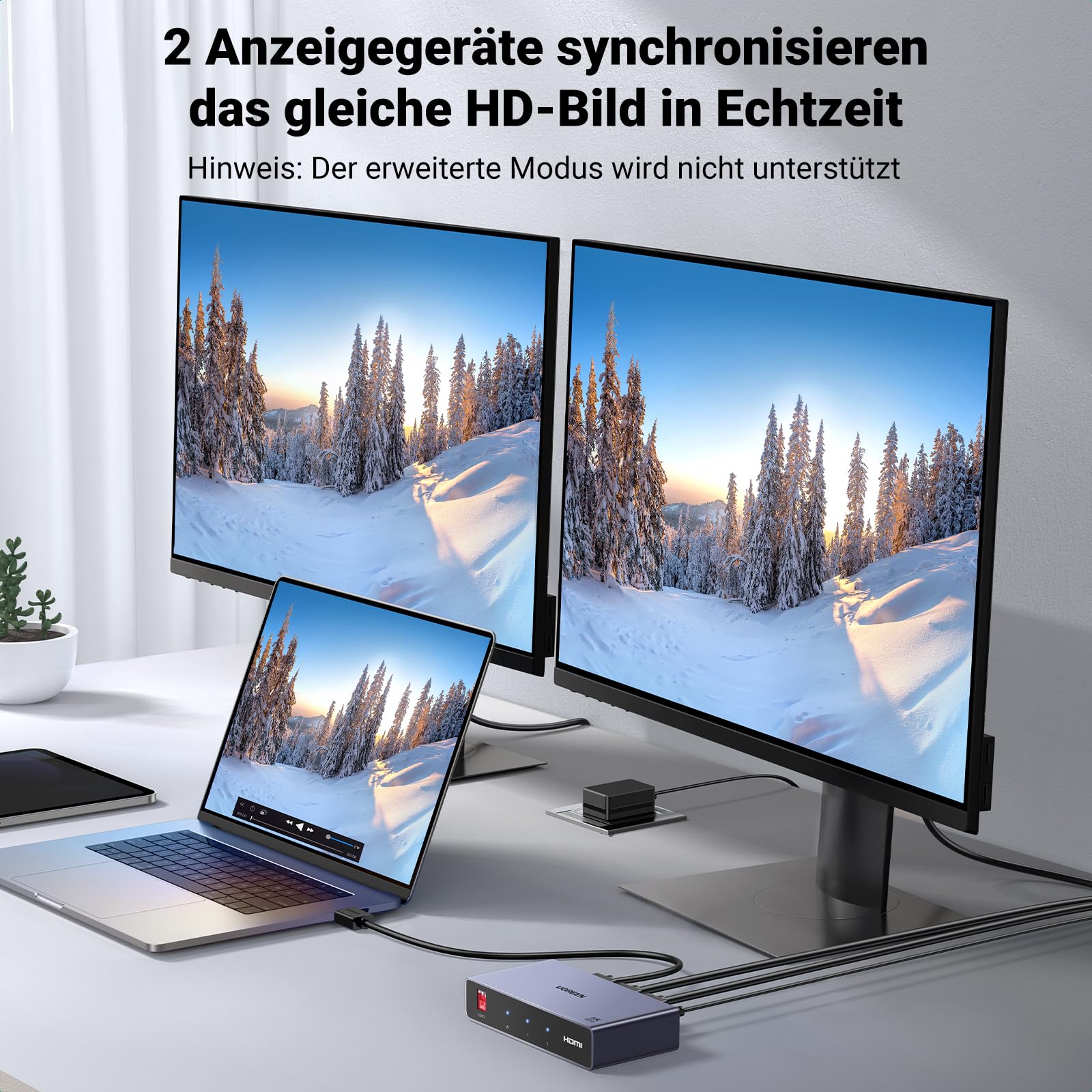 UGREEN HDMI Splitter 1 In 2 Out 8K@60Hz Dual Screen Ausgabe 3D/HDR-Bilder HDCP2.3 [Windows XP/7/8/8.1/10/11, MacOS, Linux, DVD, PS5/PS4/Xbox/Switch, TV-Betrieb getestet] Beilage 5V2A Netzadapter