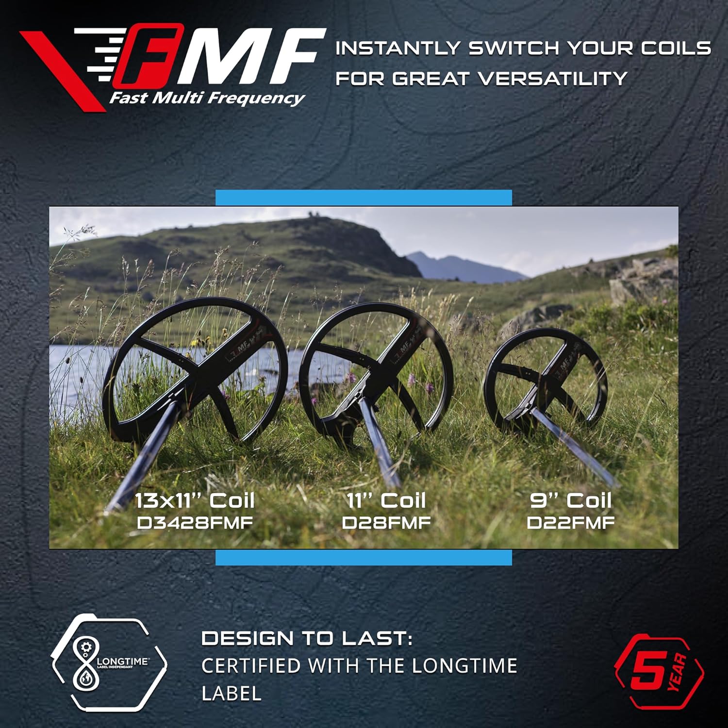 XP Metal Detectors 11” FMF Coil Compatible with Deus II Metal Detector - Fast and Simultaneous Multi Frequency Coil from 4 to 45 kHz - with Coil Cover & Lower Stem