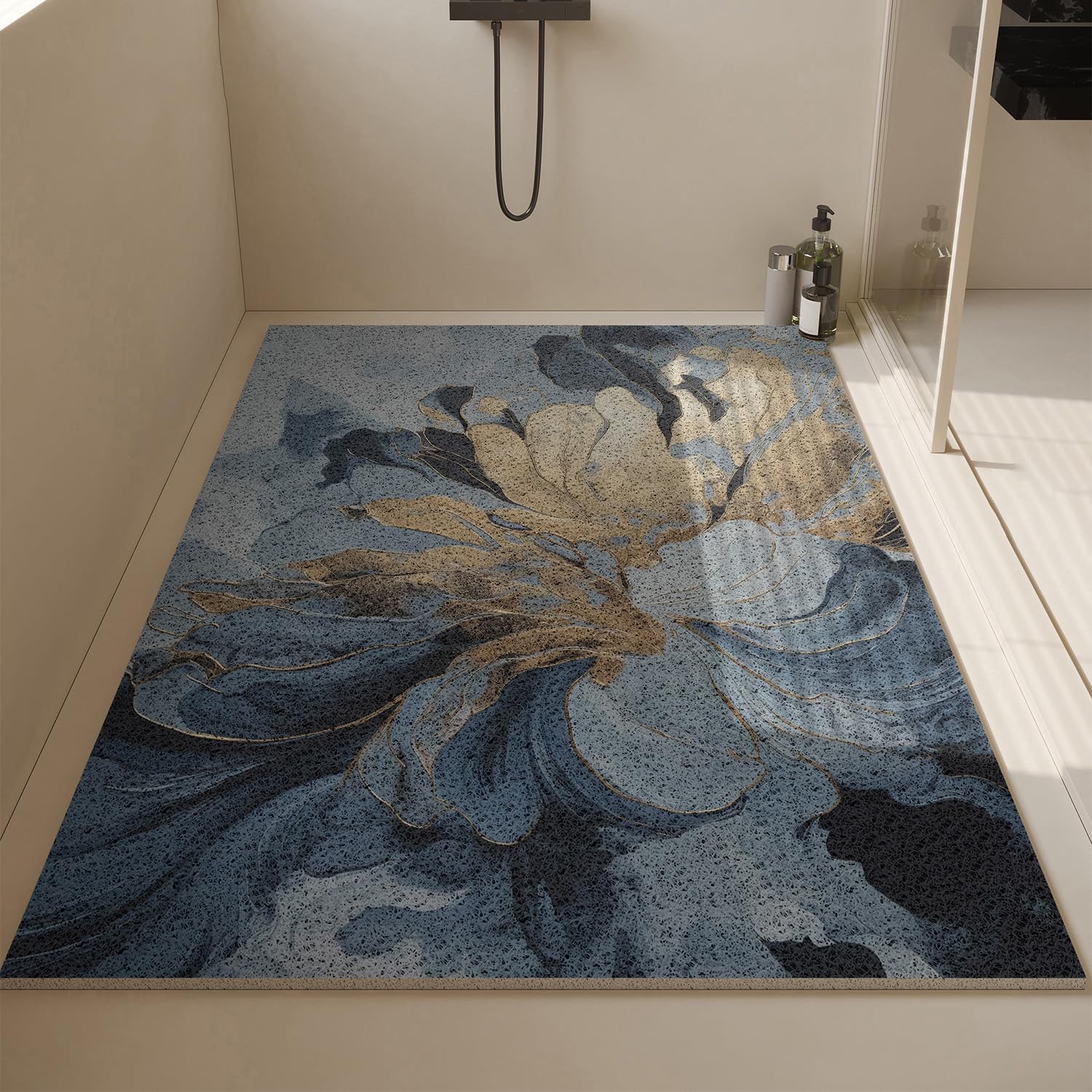 Alfombra Ducha Antideslizante 80x100cm,Alfombrilla Ducha de Loofah,Alfombrilla Bañera con Orificios de Drenaje,Alfombra Bañera Antideslizante Sin Ventosas,Estilo del Estampado Floral E