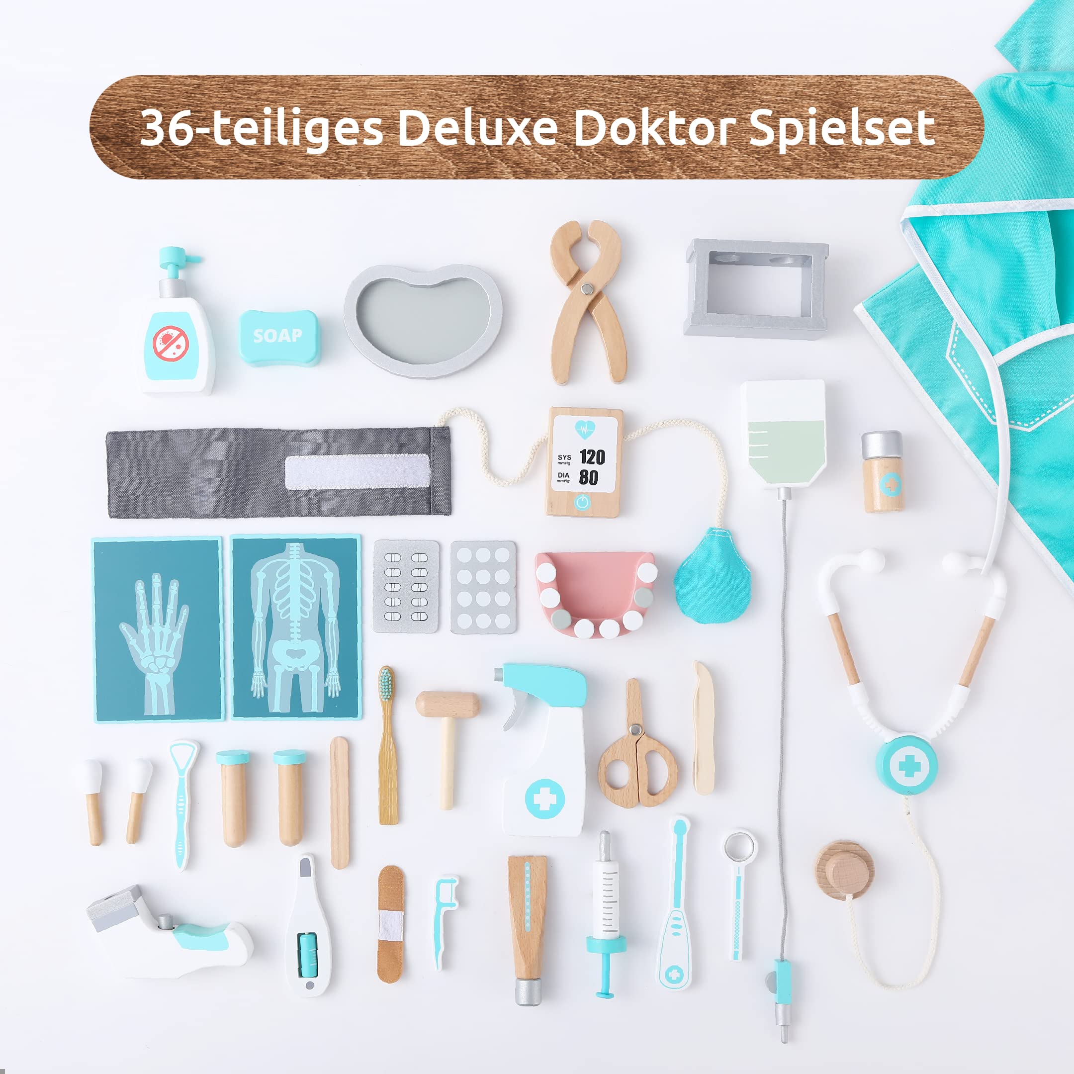 UMU® Deluxe Holz Arztkoffer Kinder Spielset mit Stethoskop, Arztkittel, Zahnarzt Zubehör und mehr, Doktorkoffer Spielzeug zum Rollenspiel, 36 STK Medizinische Kit für Kinder ab 3, 4, 5 Jahre
