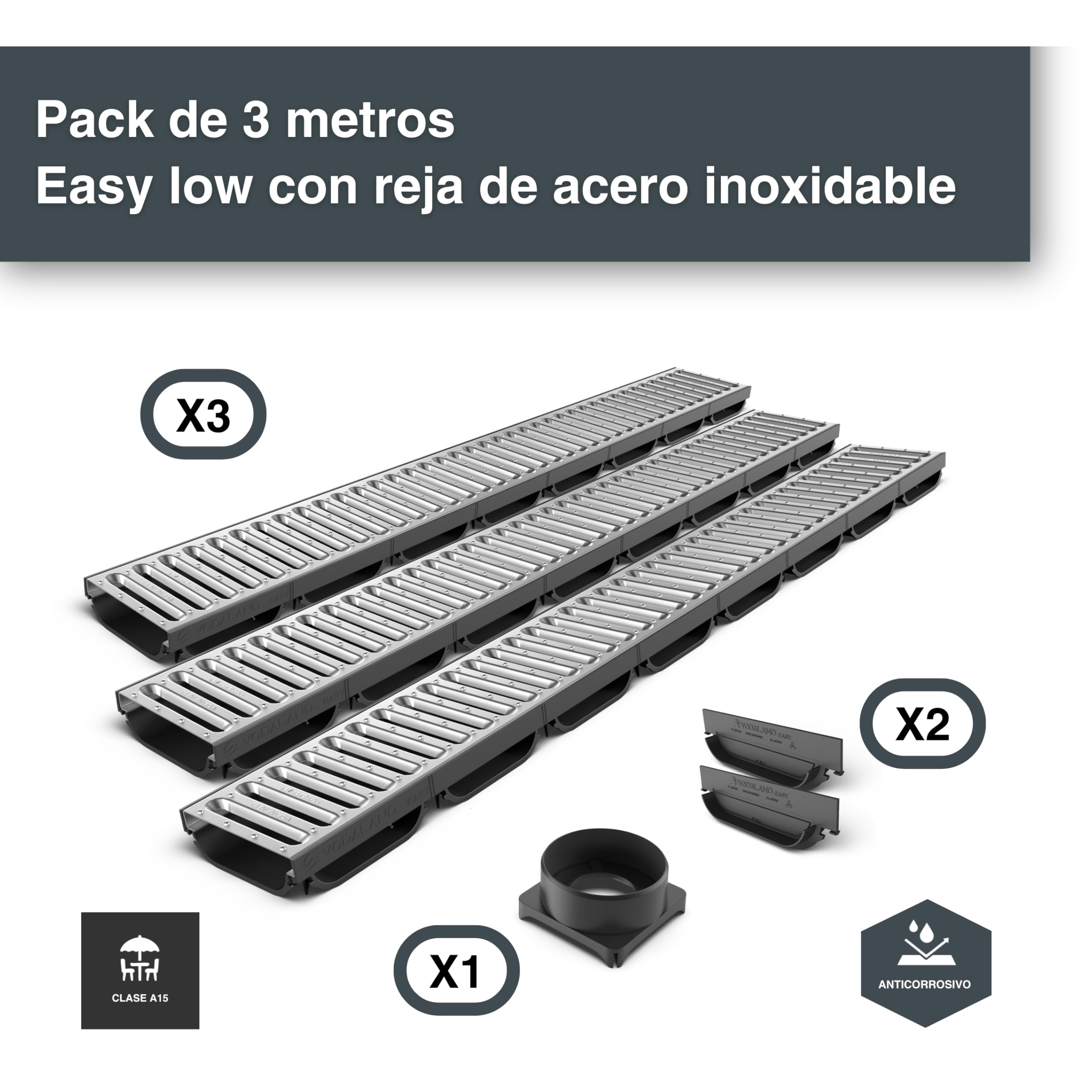 VODALAND EASY LOW – Canaleta de Drenaje con Rejilla de Acero Inoxidable | Perfil Bajo 40 mm | Clase A15 (hasta 1.500 kg) | Drenaje Discreto en Terrazas, Patios y Espacios Exteriores - Kit de 3 metros