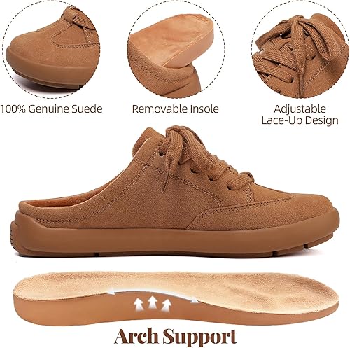 Miniatura 2 de UBFEN Pantuflas de piel de ante con soporte de arco para mujer, cómodas, para interiores y exteriores, con cordones