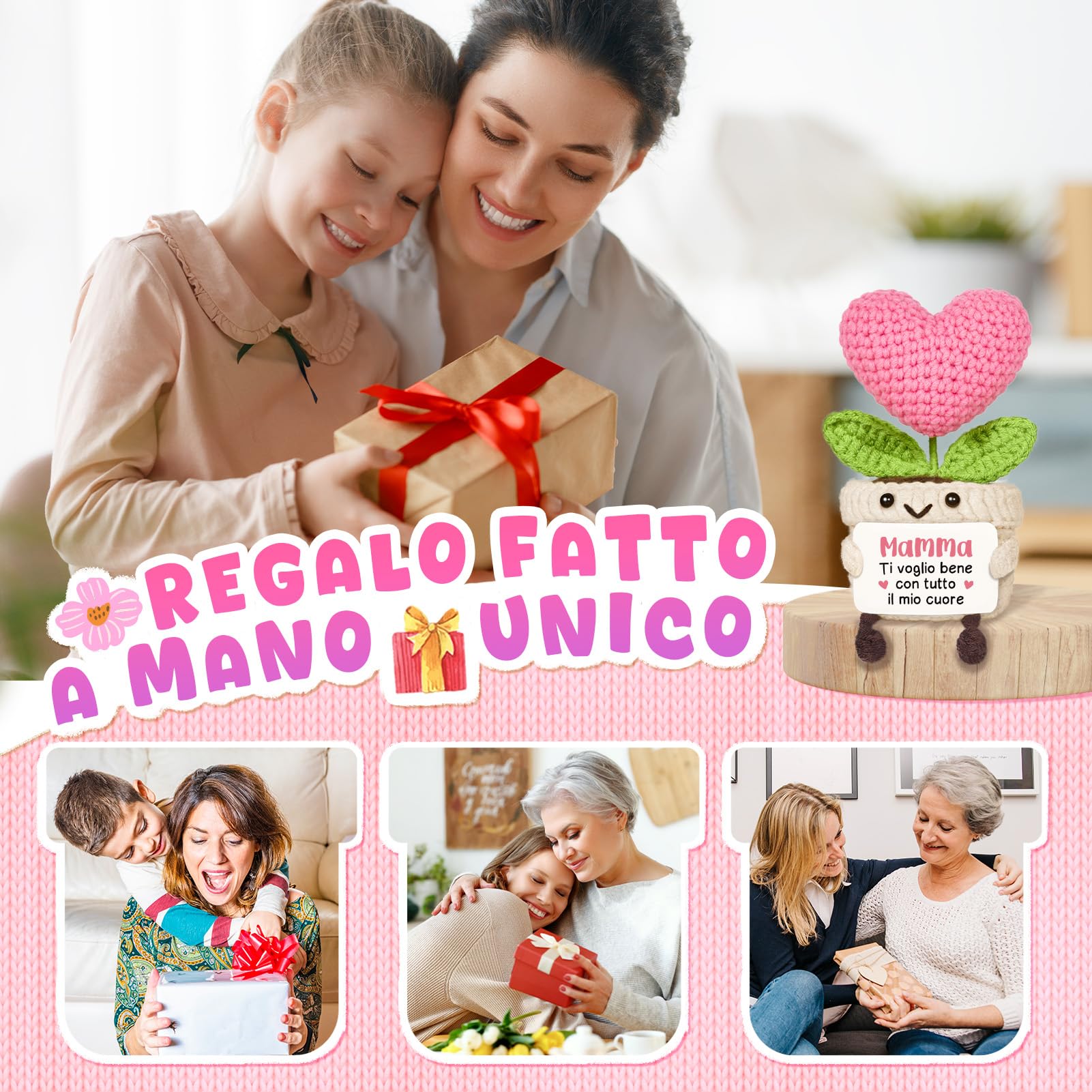Regalo Mamma, Regalo Mamma Compleanno - Cuore Fiore all’Uncinetto di Supporto Emotivo, Idee Regali Mammina Natale