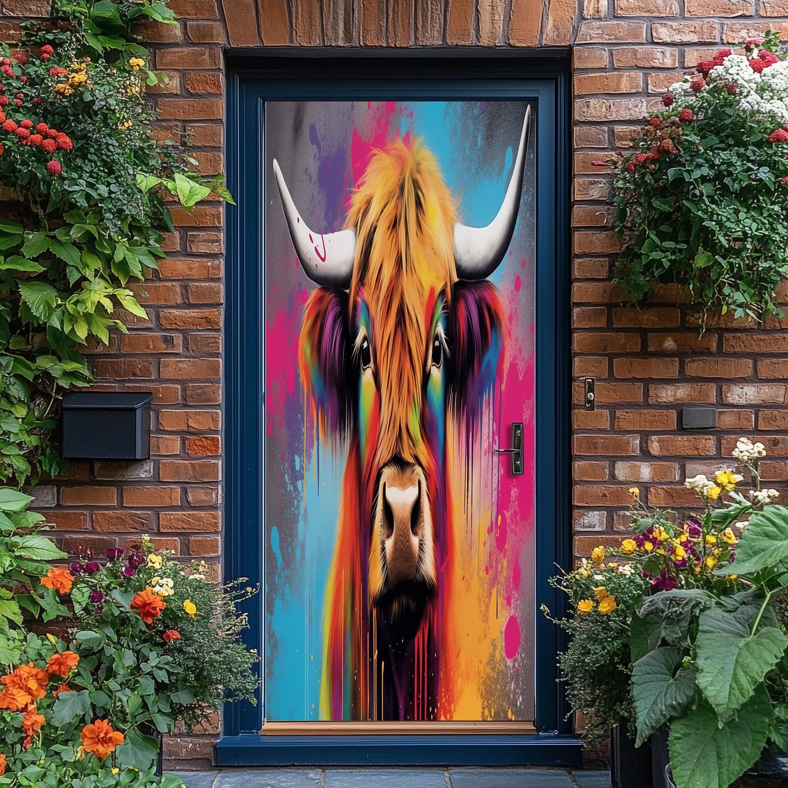 Naklejki na drzwi 3D murale graffiti styl zwierzę górskie bydło kreatywna samoprzylepna naklejka kalkomania sztuka, kolor tęczy obraz dekoracja wodoodporny mural plakat scena okno drzwi pokój pokój