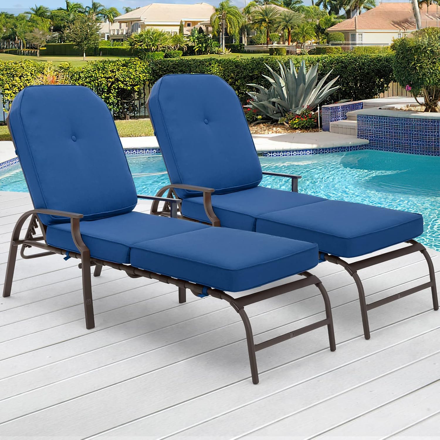 U-MAX Adjustable Outdoor Chaise Lounge Chair Patio Lounge Chair Recliner Furniture with Armrest and Cushion for Deck, Poolside, Backyard (Blue, 2PCS)