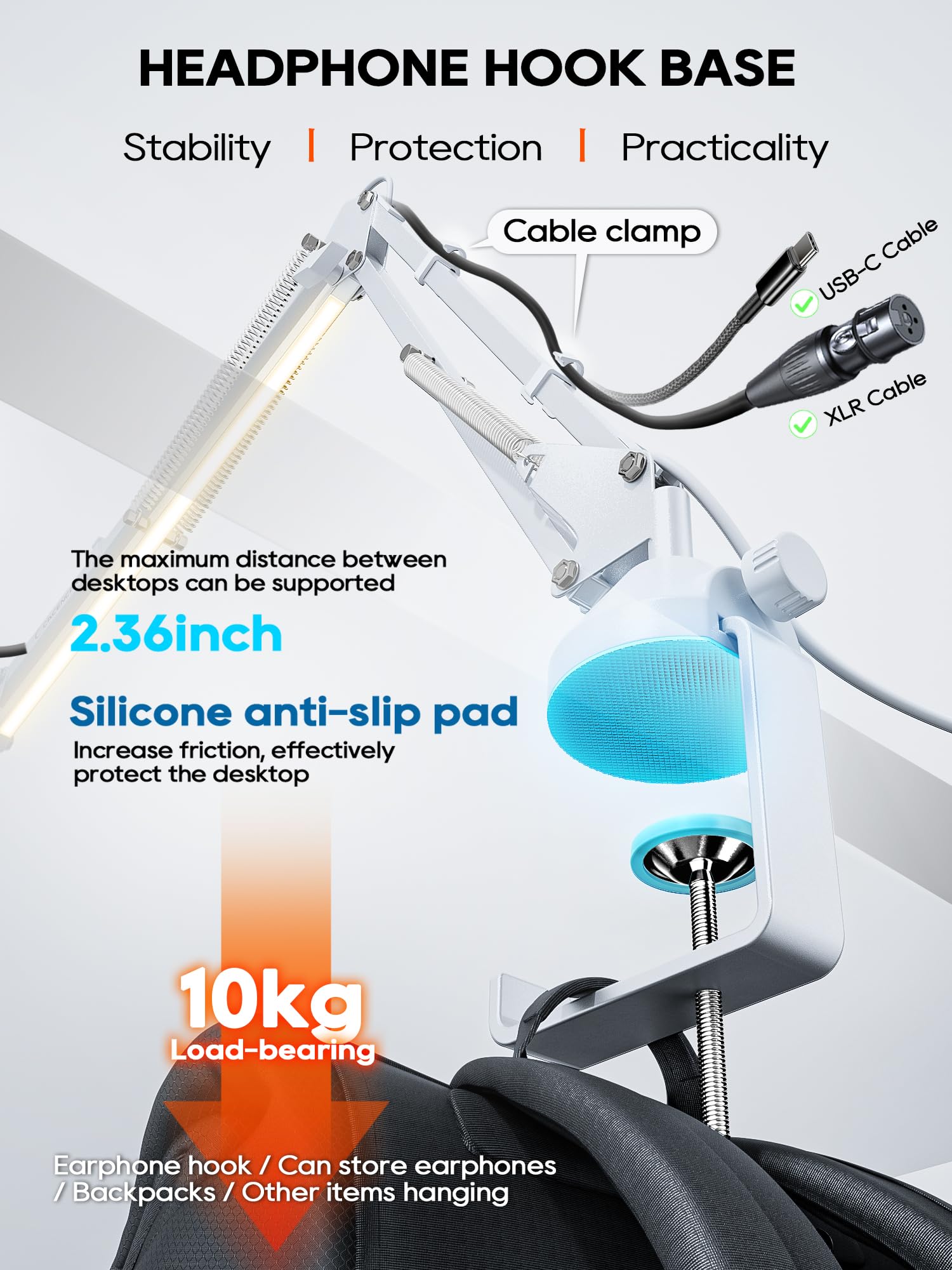 CACENCAN - Soporte de brazo de micrófono mejorado con gestión de cables, adaptador de 3/8 a 5/8 pulgadas, soporte de micrófono de montaje en escritorio para Yeti azul, Shure SM7B, HyperX, transmisión