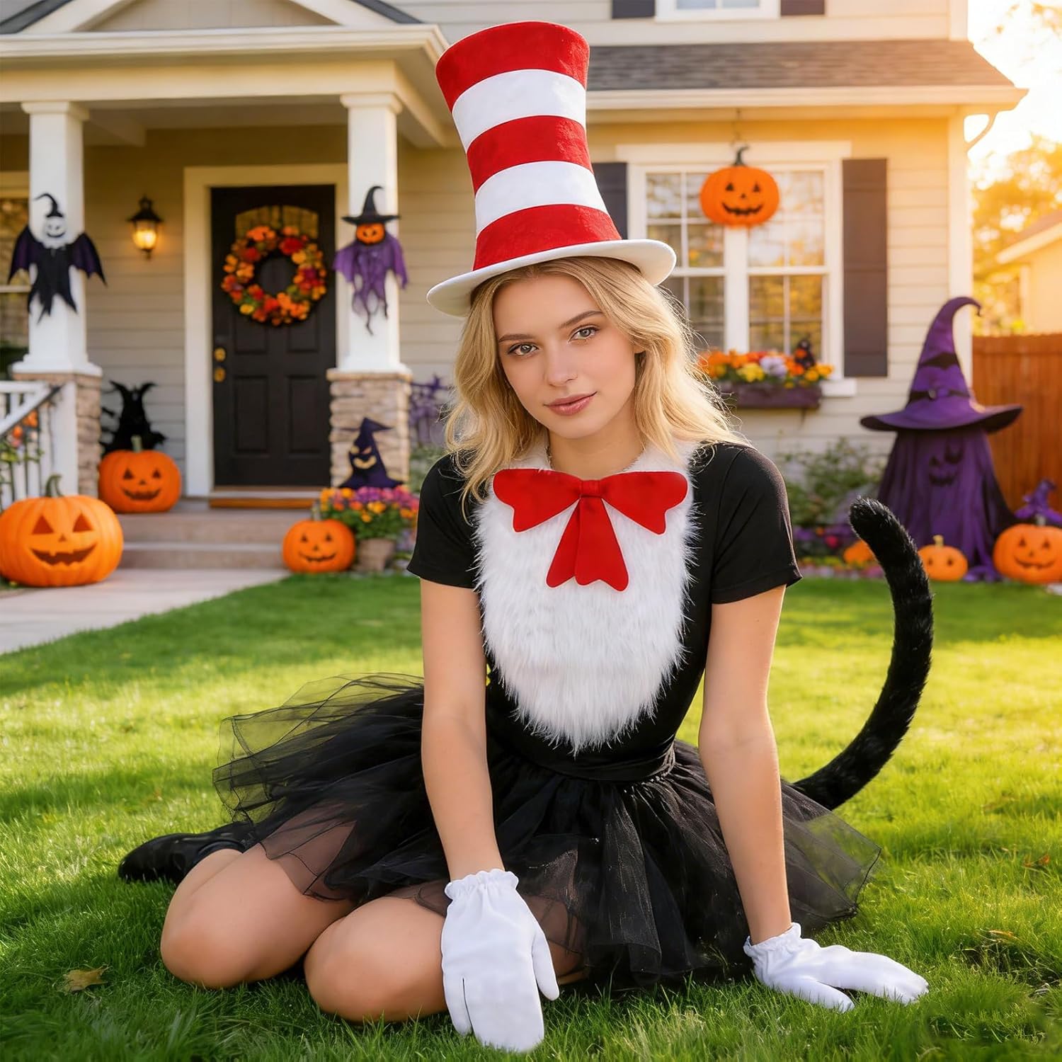 5 Pcs Cat Hat in Costume Accessories, Red White Striped Hat, Bow Tie, Gloves, Furry Scarf Fun Cat Character Outfit for Read Book Day Cosplay Supplies - Image 7