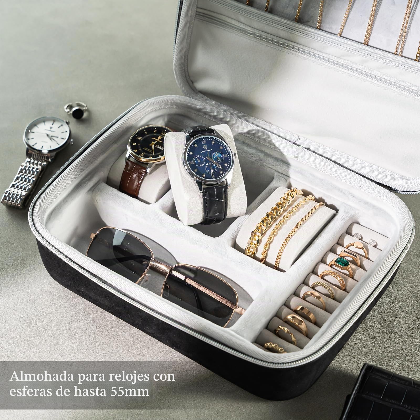 ProCase Estuche de Viaje para Joyas de Hombre, funda con 3 ranuras para relojes, organizador con cremallera para relojes, gafas, collares, anillos y pulseras, estuche portátil - Gris