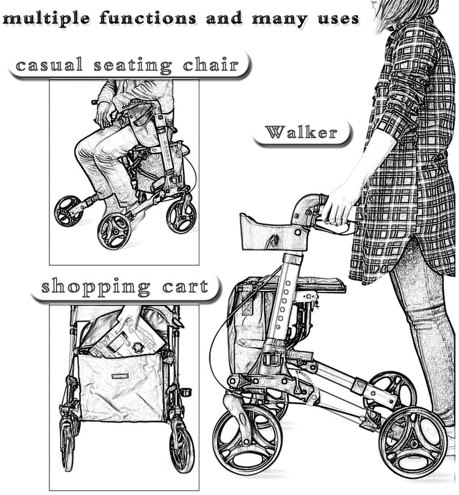 Chodziki Rollator dla seniorów, składane aluminiowe chodziki dla dorosłych, chodziki dla osób starszych z kółkami i regulowanym uchwytem siedziska