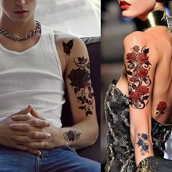 77 Sheets Gothic Punk Rock Temporary Tattoos for Men Women and Children Half Arm Skeleton Skull Realistic Butterfly Halloween Cosplay Fake Stickers Waterproof Shoulder Neck
