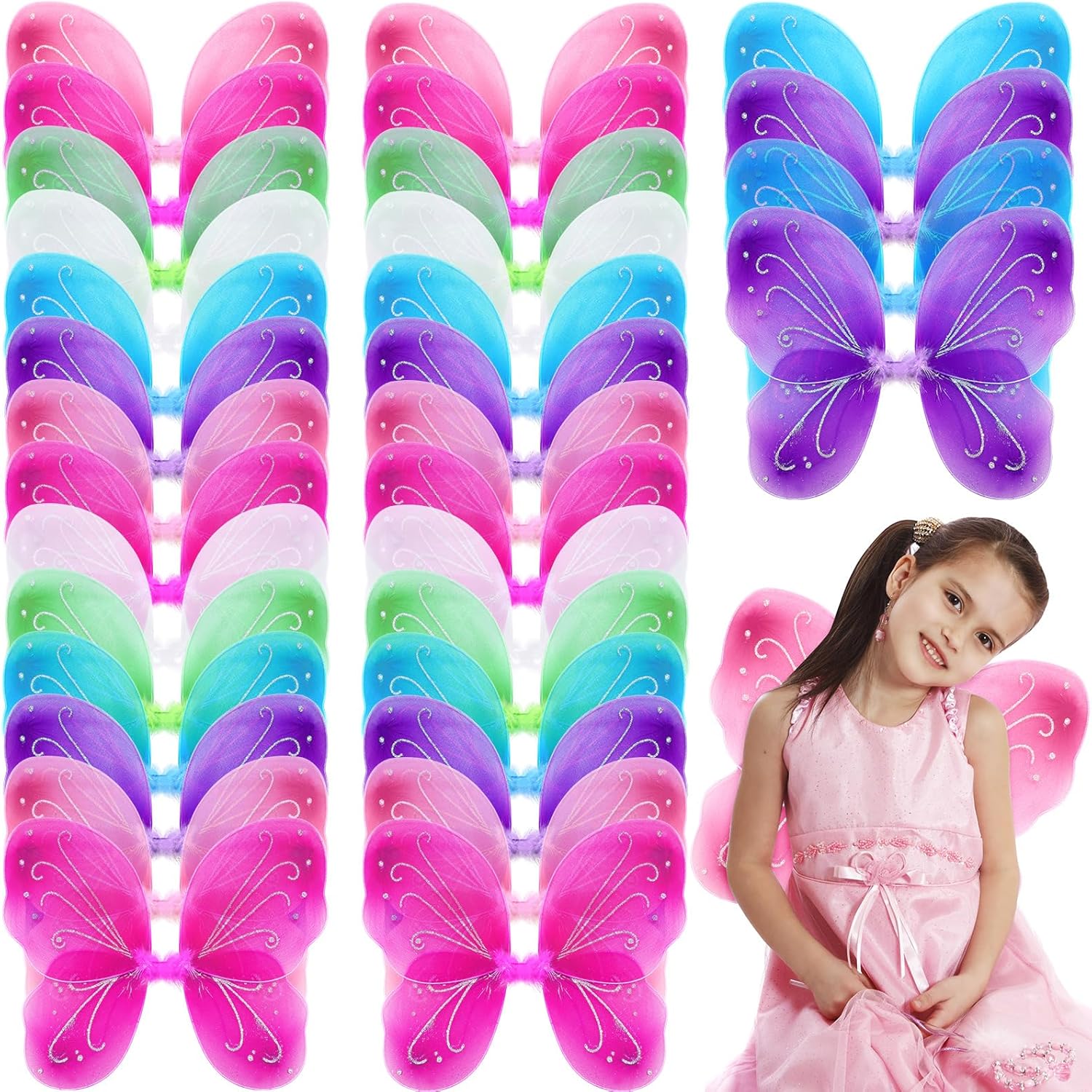 Tigeen 36 Pcs Fairy Butterfly Wings for Girls Wings Costume Bulk Kids' Dress up Favors Role Play Supplies 6 Color(Classic Color)