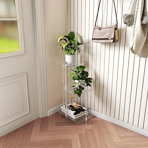 Miniatura 6 de Eglaf Mesa auxiliar redonda de acrílico  Mesa auxiliar de 3 niveles  Mesita de noche transparente pequeña mesita de noche decorativa para sala de