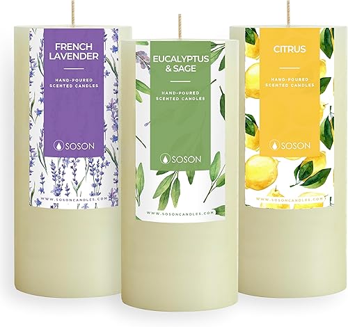 Simply Soson Juego de 3 velas perfumadas de marfil de 3 x 6 pulgadas, eucalipto, salvia, cítricos, lavanda rústica, decoración del hogar