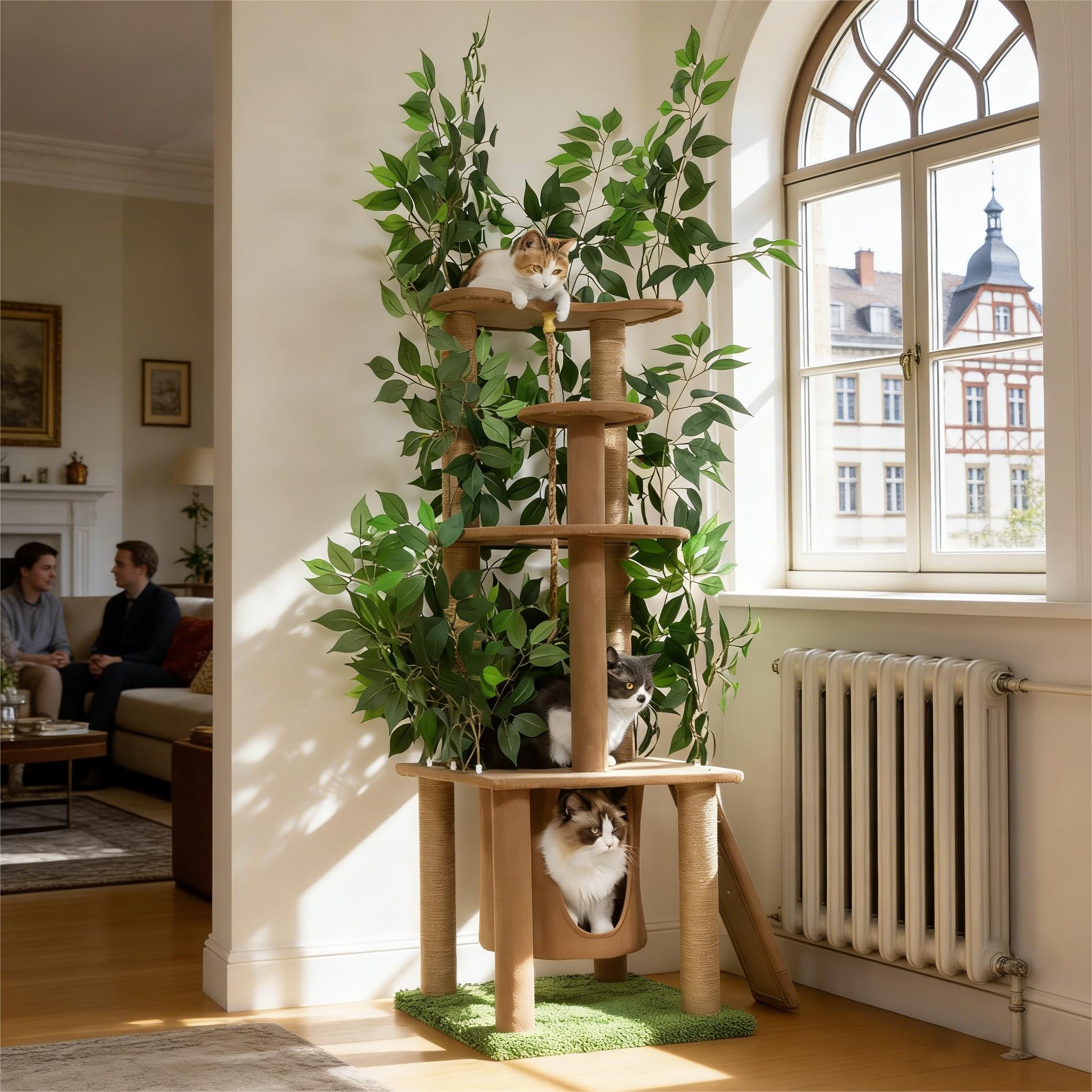 Ultra-haut arbre à chat à 5 niveaux (195 cm) - arbre à gratter en bois naturel avec plantes vertes artificielles, polyvalent pour le plaisir naturel de grimper