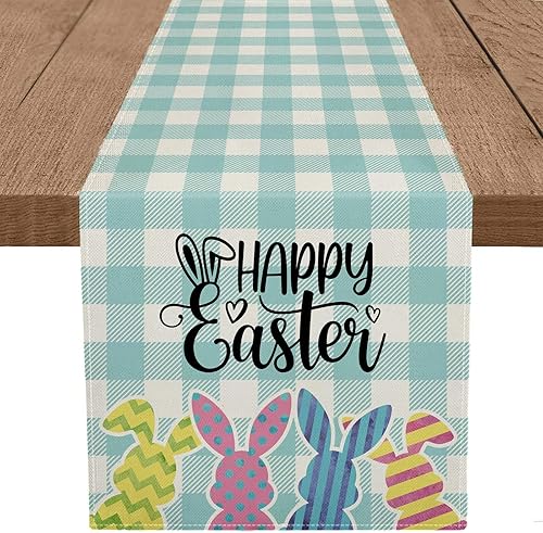 Easter Table Runner Bunny Buffalo Plaid Spring Happy Easter Holiday Kitchen Dining Table Decoration 13 x 90 Inch