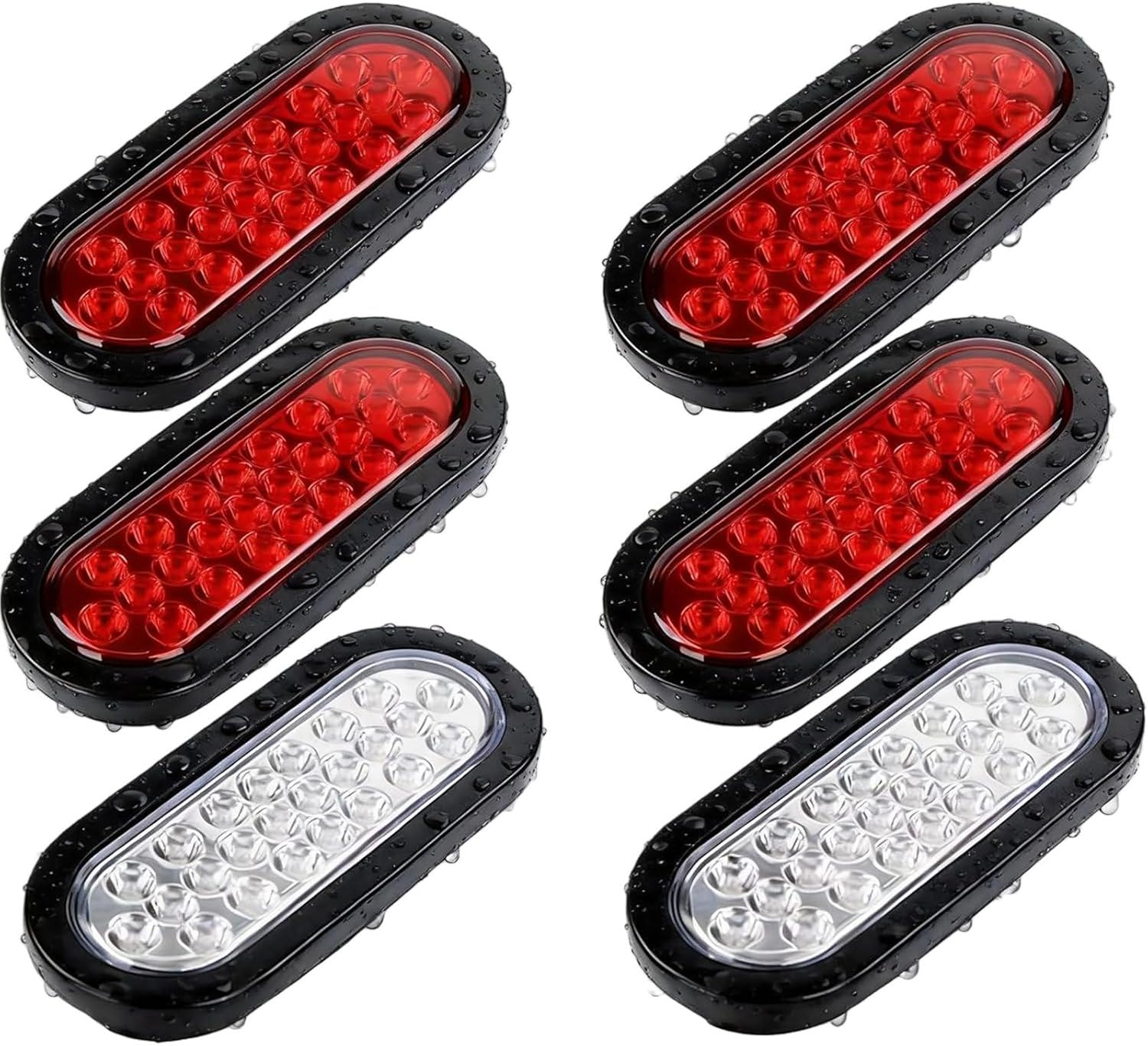 NEW SUN 6 Pcs 6" Oval Trailer Tail Lights - Red & White LED Brake Lights for Trucks, Trailers, RVs - Waterproof with Flush Mount Grommets and Plugs - Ideal Replacement Brake Lights