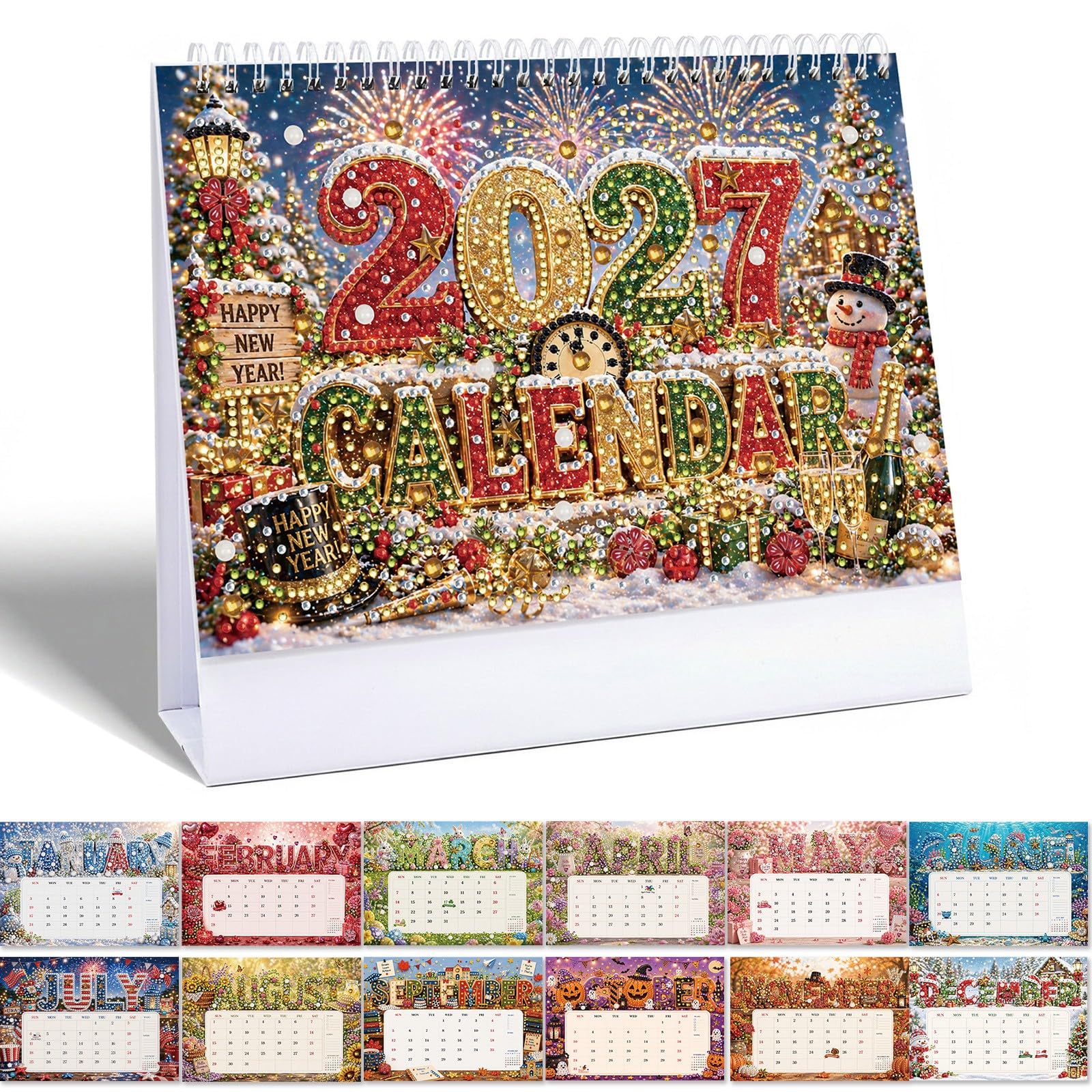 Lebartm 2027 DIY Diamond Art Desk Calendar Creative Design Thick Paper Alphabet Theme Gemstone Painting Art Crafts Monthly Flip for Tabletop Home Office Planning-Snowflake
