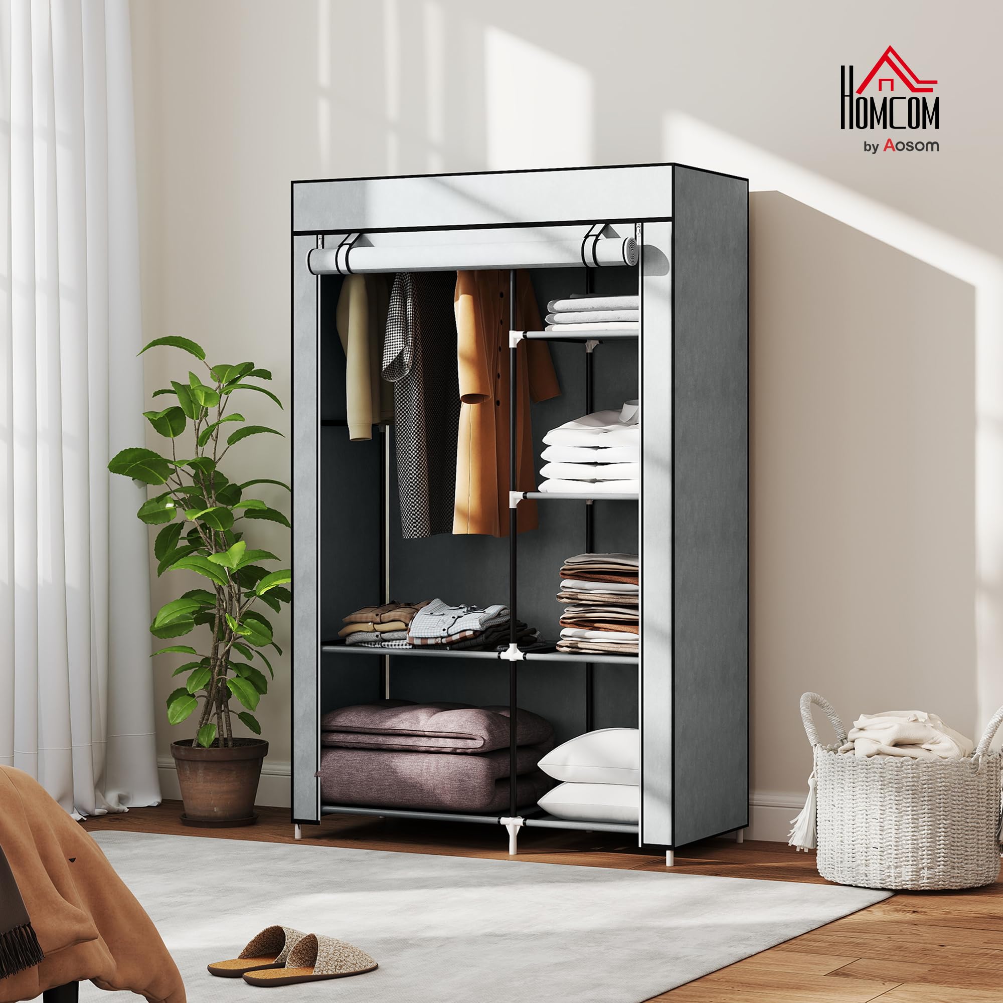 HOMCOM Kledingkast Stoffen Kast met Kledingstang, 6 Vakken, Opvouwbare Garderobe in Vlies-Optiek, Opvouwbare Kast voor Slaapkamer, Hal, Grijs, 103 x 43 x 162,5 cm
