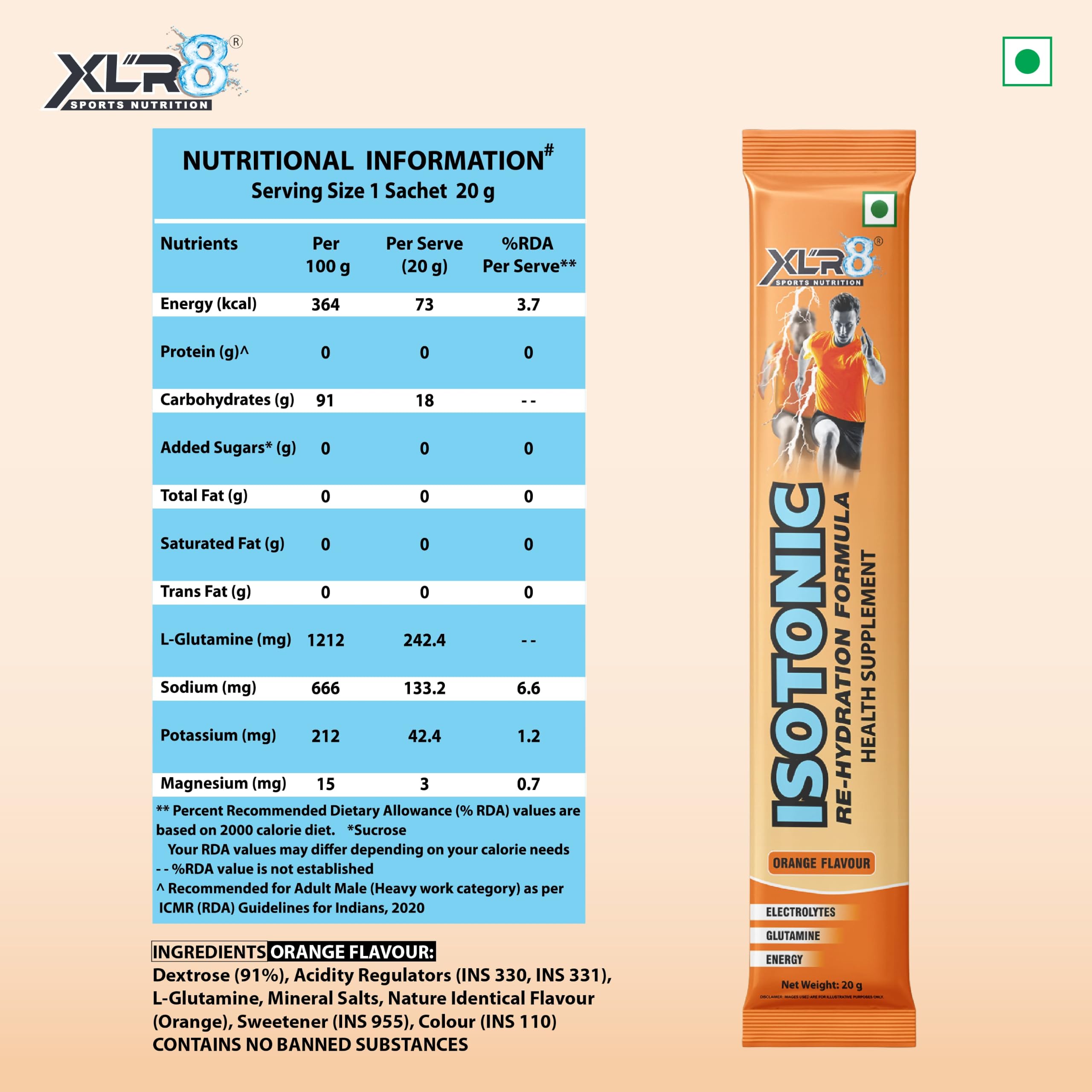 XLR8 Electrolytes Powder (15 x 20g with Shaker) | High Performance Isotonic Sports Hydration & Energy Drink Mix with Sodium, Potassium, Magnesium, Glucose & Glutamine | Instant Rehydration for Workout, Running & Endurance |Orange — Amazon image 6