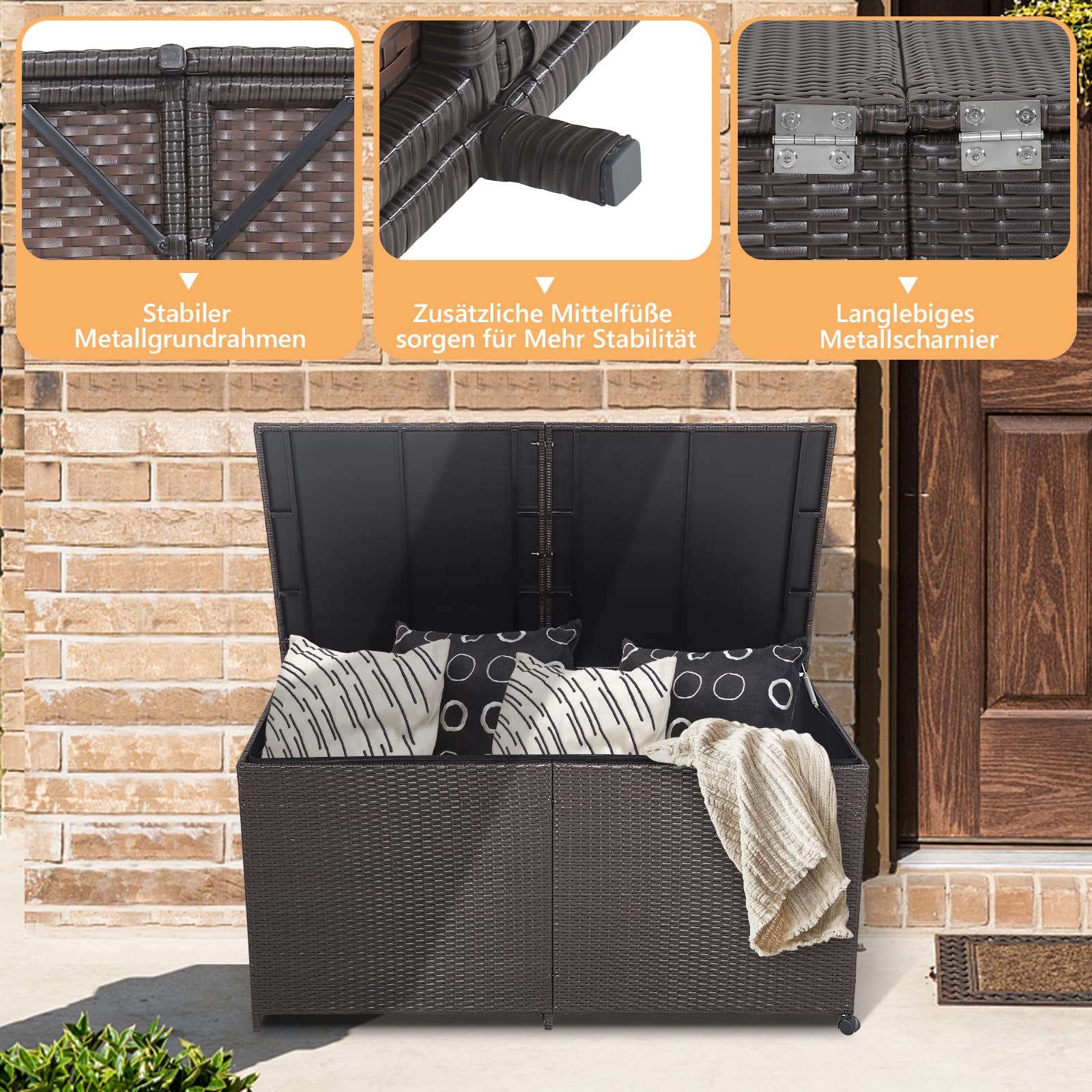 COSTWAY XXL Gartenbox mit 662 L Fassungsvermögen, Aufbewahrungsbox aus Rattan mit Reißverschluss & 2 Universalrädern, Kissenbox Gartenschrank Gartentruhe wetterfest für Garten, Hinterhof