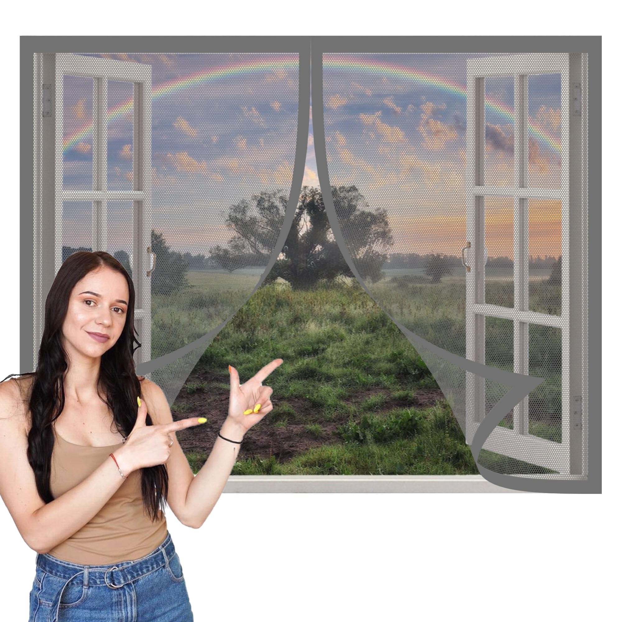 Magnetic Window Fly Screens Windows 120 x 120 cm with Selfadhesive DIY Window Bug Screen Kit Mosquito Easy Install for Windows Doors and Patio Screens, Grey