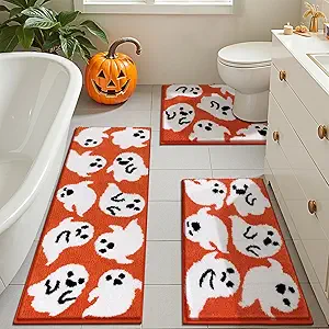Pauwer Halloween Bathroom Rugs Sets 3 Piece, Fall Microfiber Bath Mats for Bathroom with U-Shaped Contour Toilet Rug, Spooky Soft Absorbent Washable Non Slip Bath Mat Set, Orange Ghost
