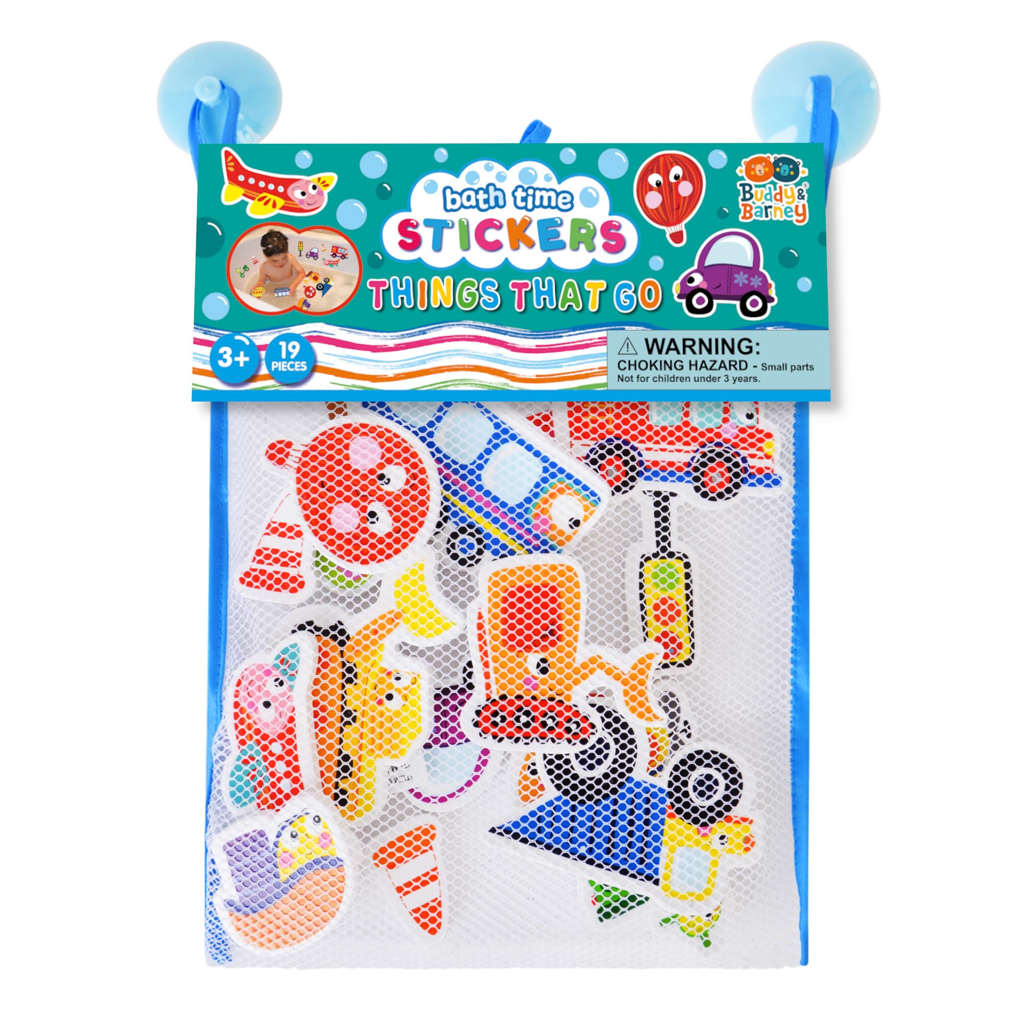 Buddy & Barney Bath Time Vehicle Stickers - Things that go Bath Time Stickers - Bath Foam Car Stickers for Kids Amusement - Set of 19 Transport Vehicle Stickers with Mesh bag, Toddlers Bath Fun