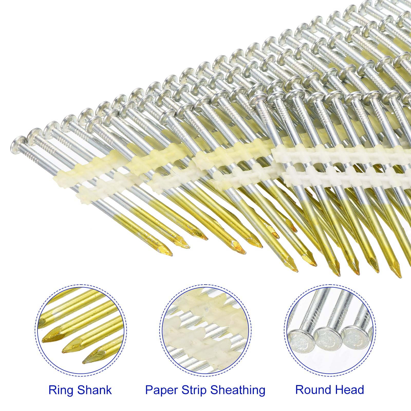 QUARKZMAN 500Pcs Chiodi Da Carpentiere 34 Gradi 0.131" x 3", Chiodi A Collana In Carta Acciaio Al Carbonio Zincato Per Mobili/Edilizia, Colore Zincato