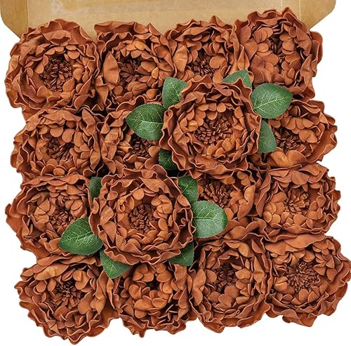 TINGE TIME Flores de peonía artificiales para decoración de aspecto real, 16 piezas de flores falsas blancas con tallo para ramos de boda,