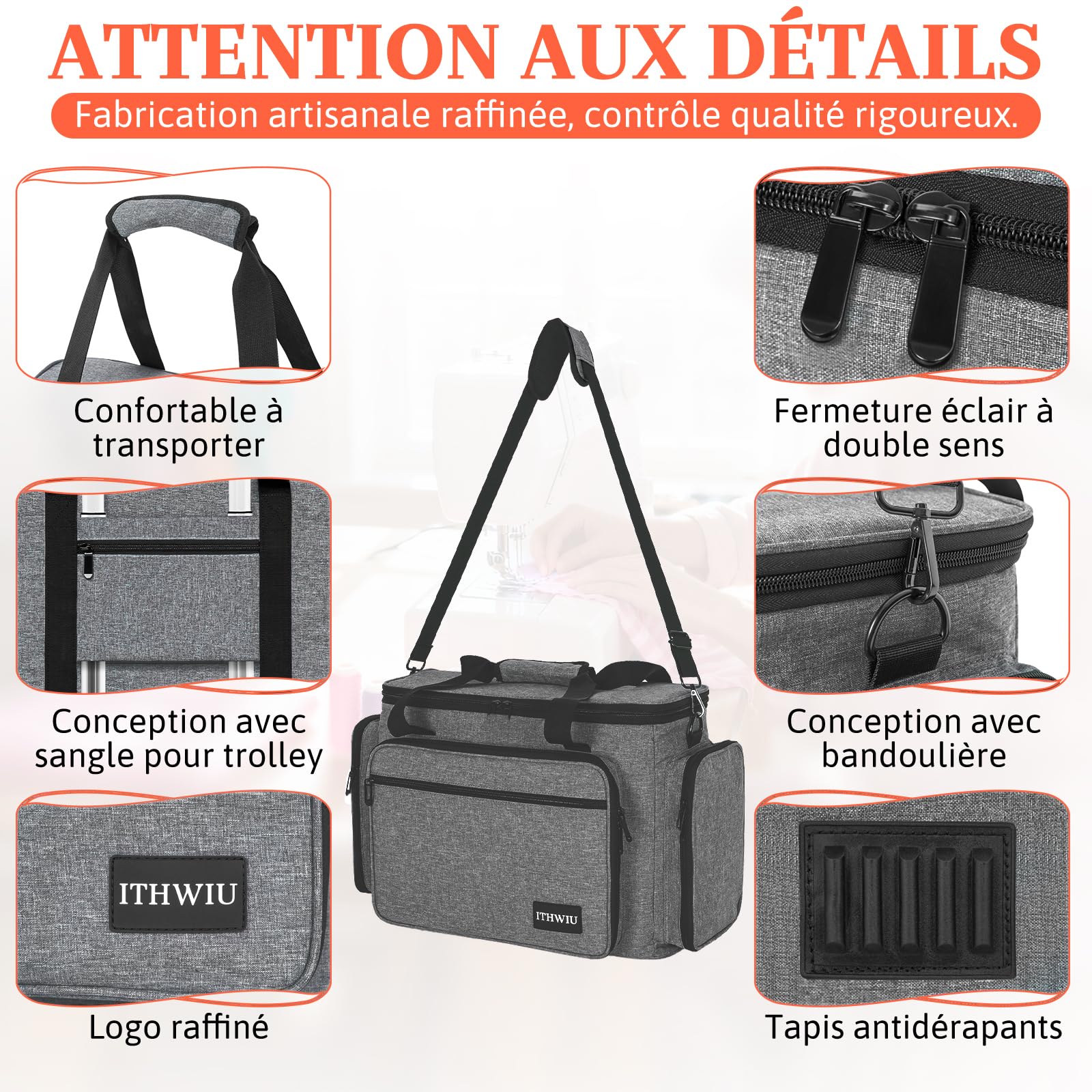Sac de Machine à Coudre avec Multiples Compartiments de Rangement, Gris | Sac Machine à Coudre avec Insert Rembourré Amovible, Compatible avec la Plupart des Machines à Coudre Domestiques Standard