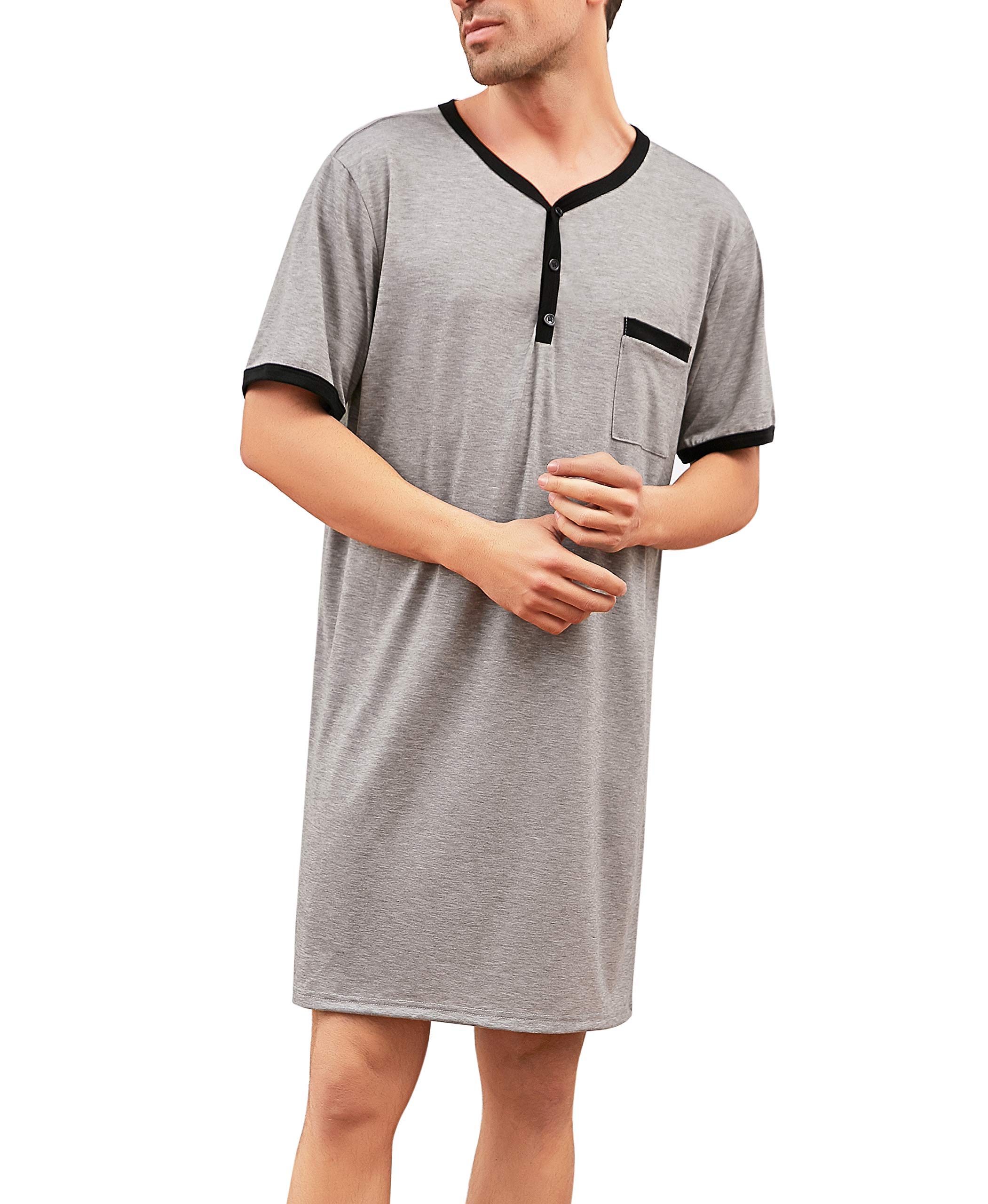Enjoyoself Herren Baumwolle Pyjama Tops Weich Atmungsaktiv Nachthemd Knielang Nachtshirts Kurzarm Nachtwäsche Lounge Wear