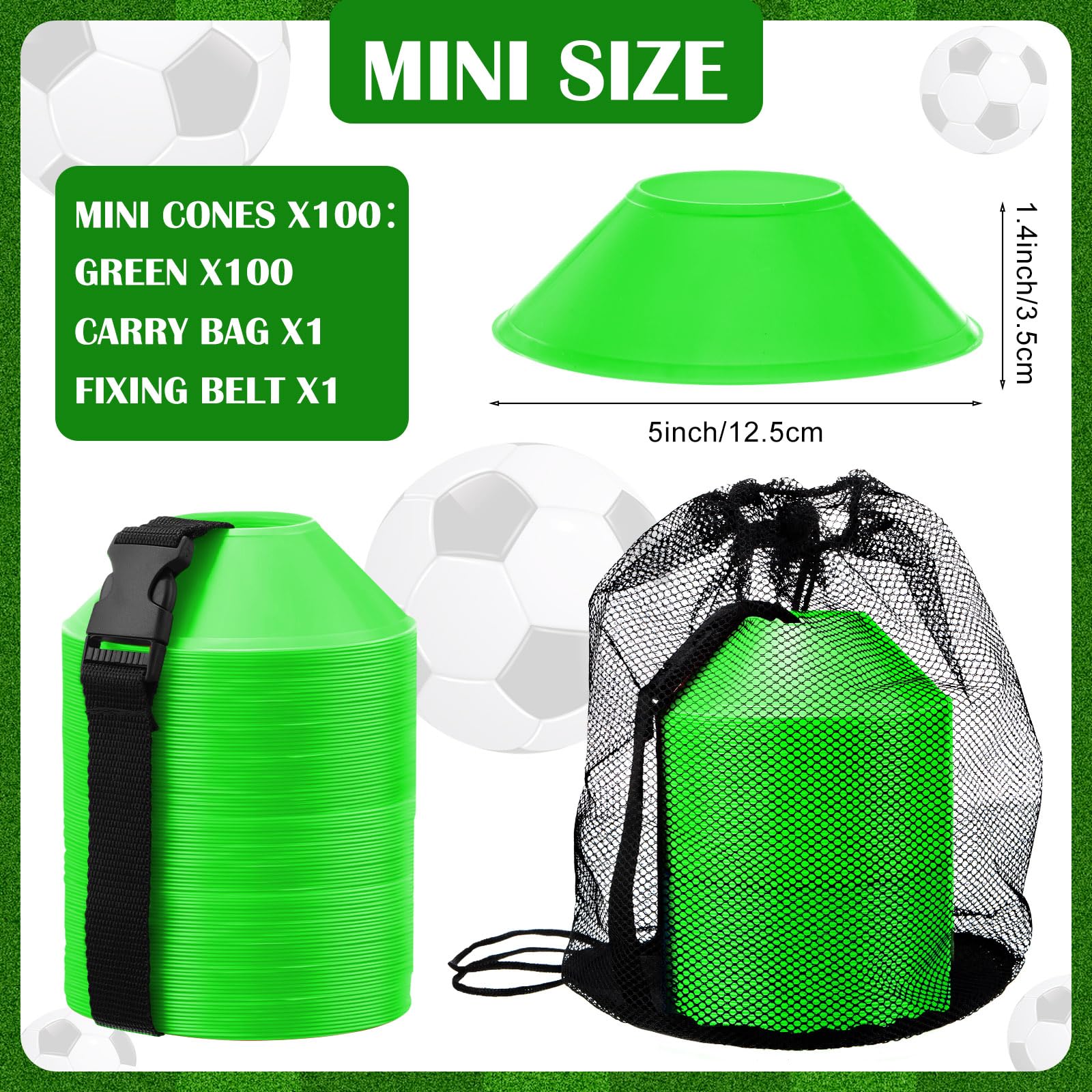 Hanaive 100 mini conos de fútbol para ejercicios de 5 pulgadas, conos deportivos de agilidad, conos de disco de agilidad con accesorios para entrenamiento de fútbol para niños (verde)
