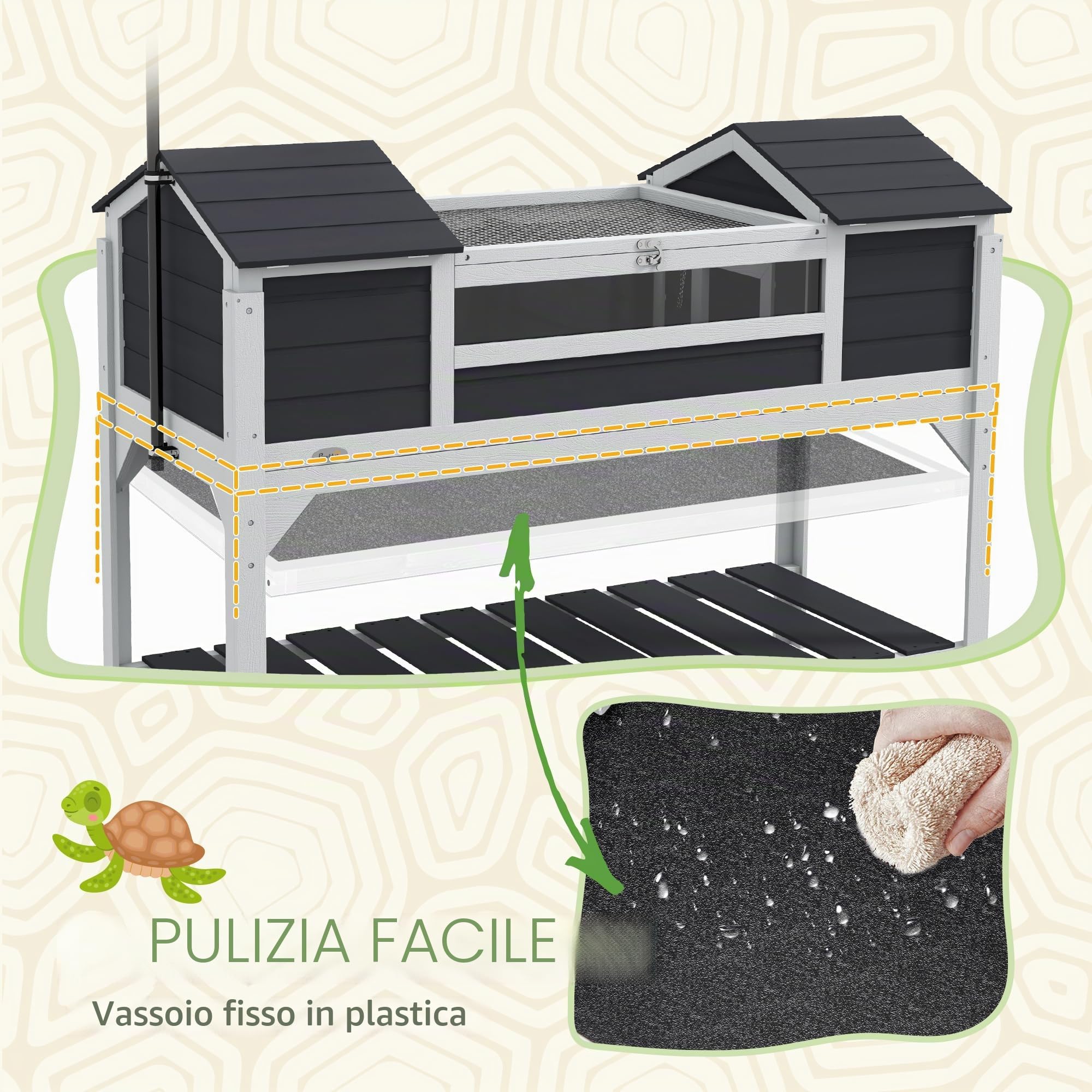PawHut Casetta per tartarughe di terra da esterno, recinto in legno per tartarughe, 2 nicchie, portalampada regolabile, tetto apribile, gabbia per tartarughe di terra, finestra in acrilico