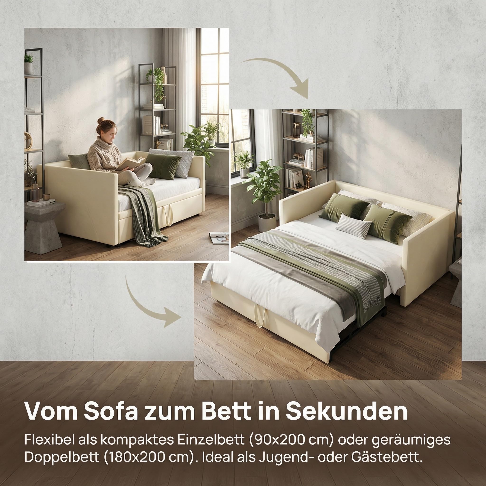 Sofá Cama Extensible, Cama Tapizada 90/180x200 cm, Sofá Cama, Cama Multifunción, Cama de Invitados, Sofa Cama 2 plazas, Cama de Salón con Somier de Láminas (Terciopelo Beige)