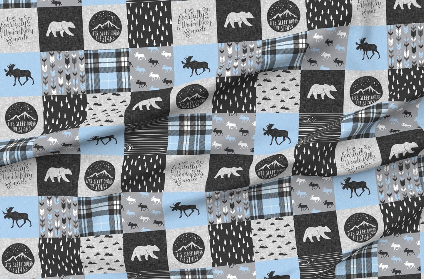 Spoonflower Fabric - Patchwork Blue & Grey Moose Bear Woodland Adventure Trendy Wholecloth Printed on Minky Fabric by The Yard - Sewing Baby Blankets Quilt Backing Plush