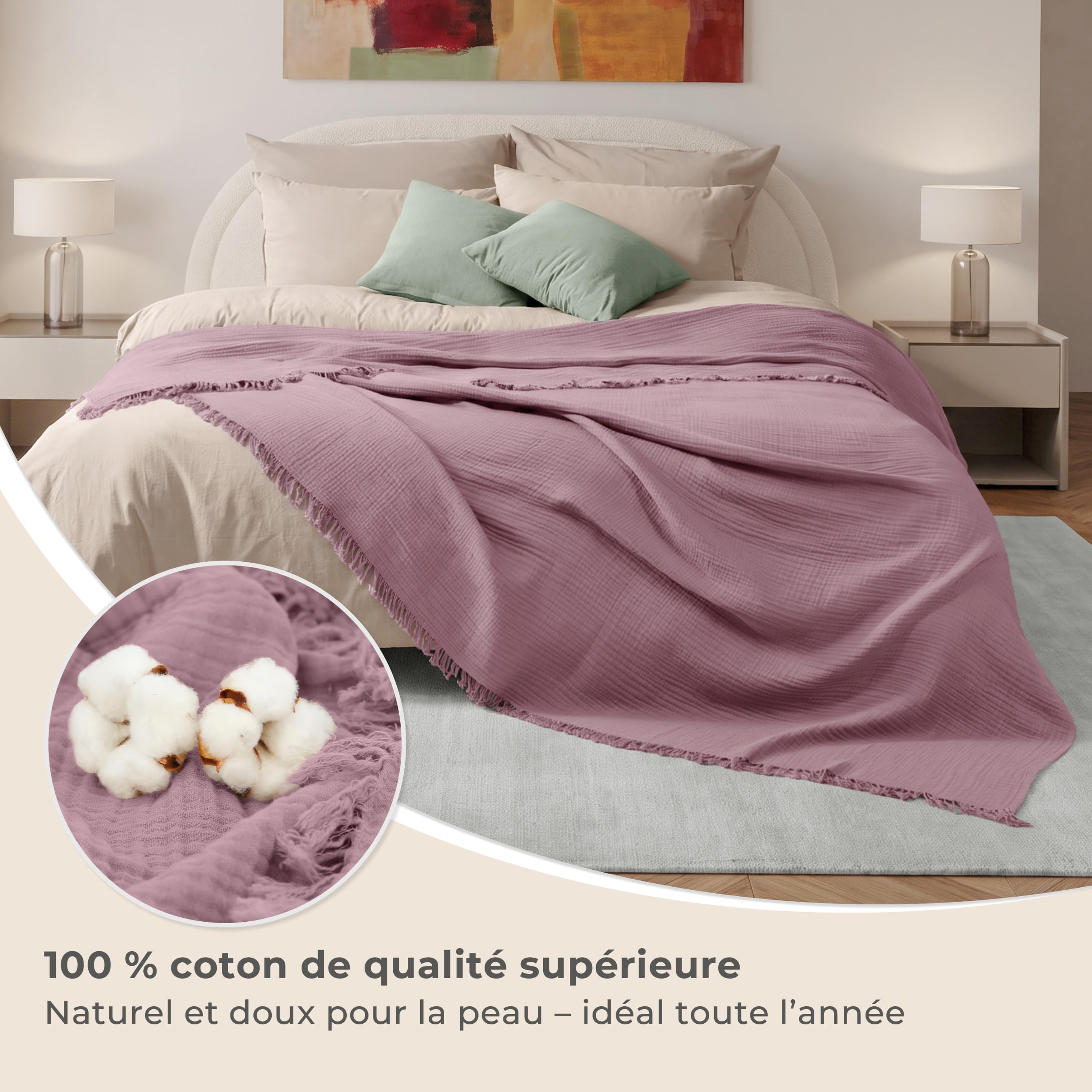 LAYNENBURG Couverture en Mousseline 100% Coton avec Franges