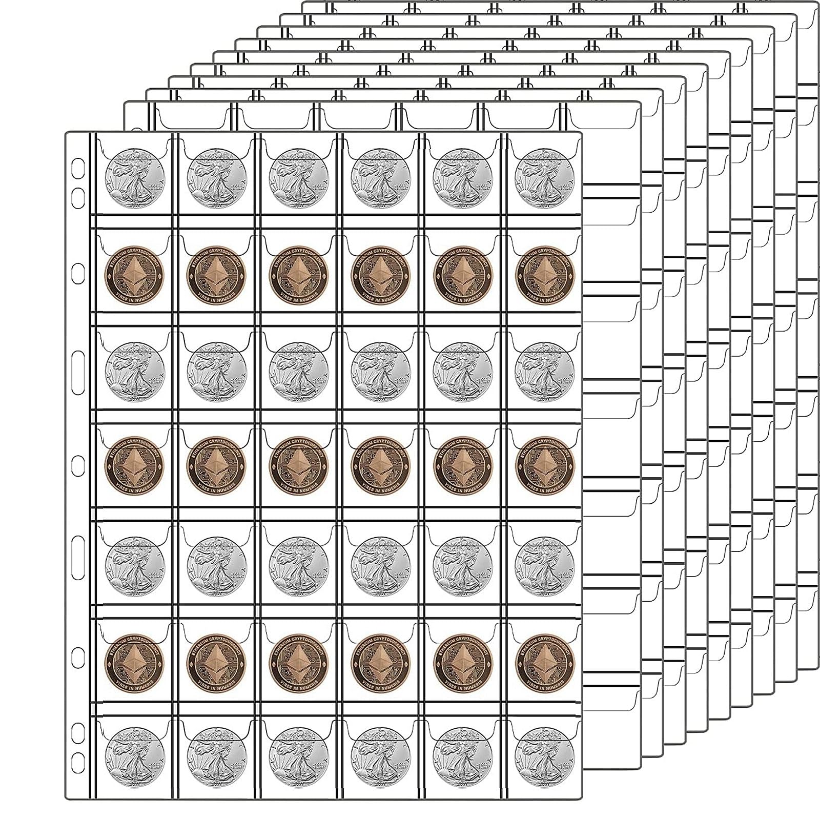 10 Sheets Coin Collection Pages, Coins Pocket Page with 240 Pockets, Coin Binder Inserts Sleeves with Standard 9 Hole for Coin Album. Storage Holder for Currency, Stamp and Other Supplies (42-Pocket)