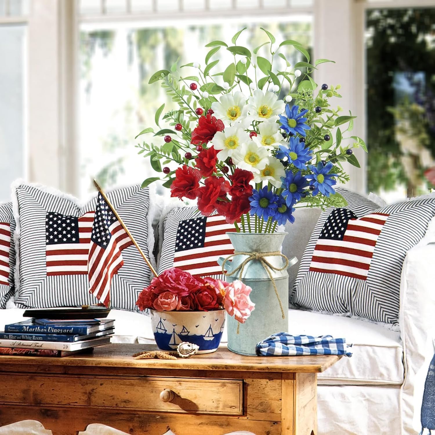 Krissing 4th of July Artificial Flowers with Vase, 20“ Patriotic Fake Flower in Vase Red White and Blue Flowers for 4th of July Centerpiece Decorations Cemetery Flowers for Independence Memorial Day