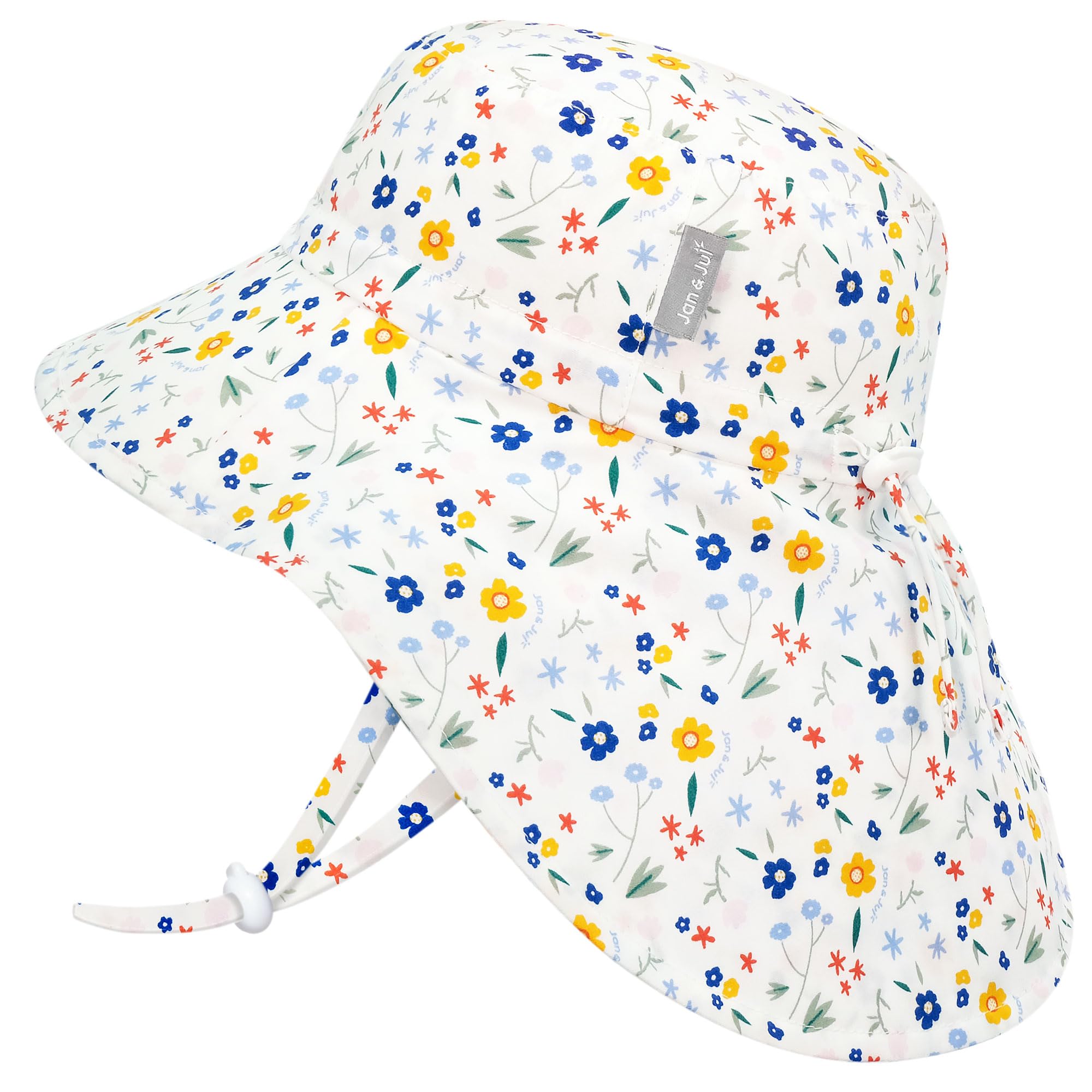 JAN & JUL Girls' Cotton Sun-Hat with Neck Flap, 50+ UPF for Babies and Toddlers (M: 6-24 Months, Meadow Flowers)
