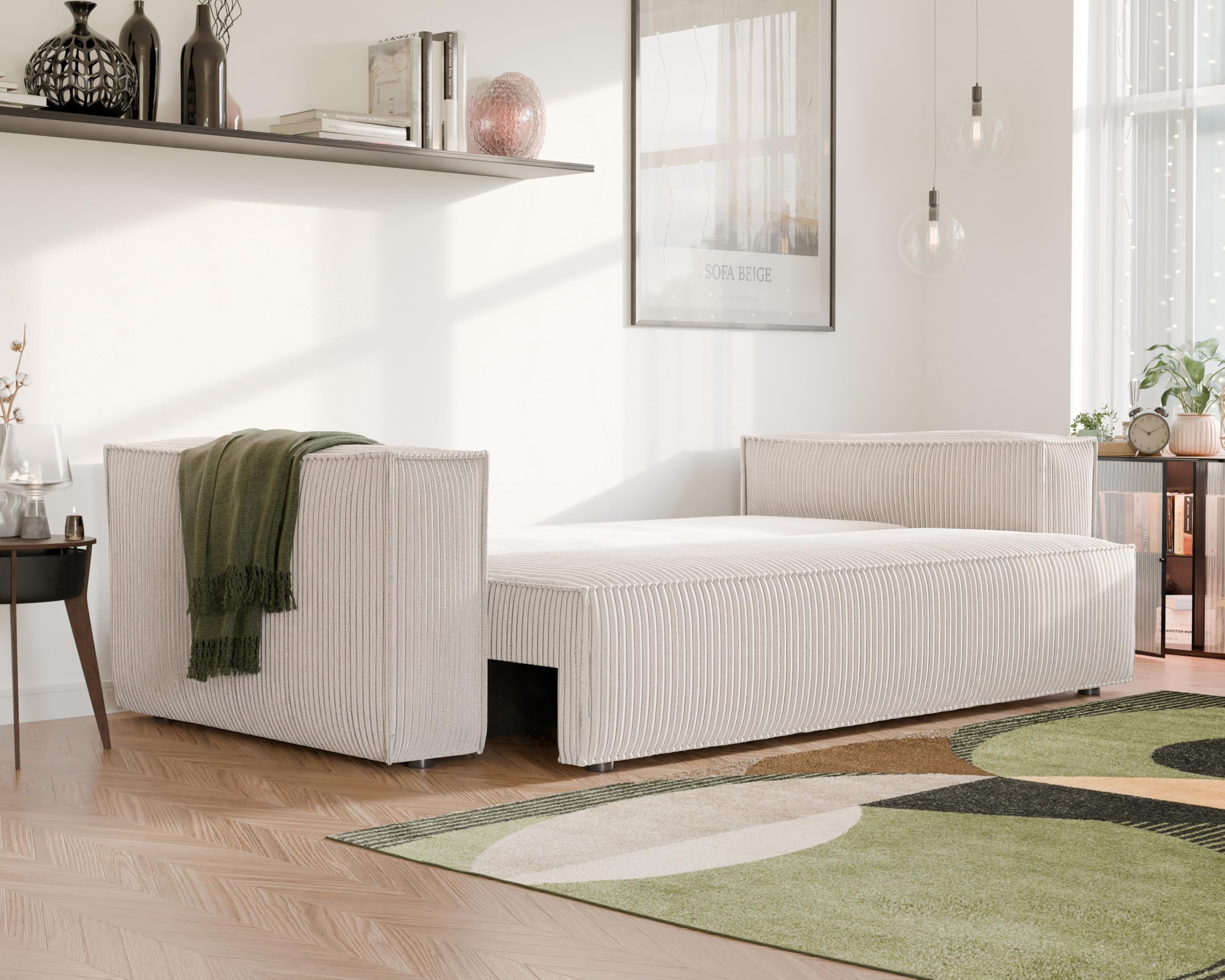 GREKPOL Schlafsofa mit Bettkasten 240x105 - Cord Beige Sofa mit schlaffunktion - Couch mit Schlaffunktion- 3 Sitzer - Wohnzimmer Couch - Schlafcouch