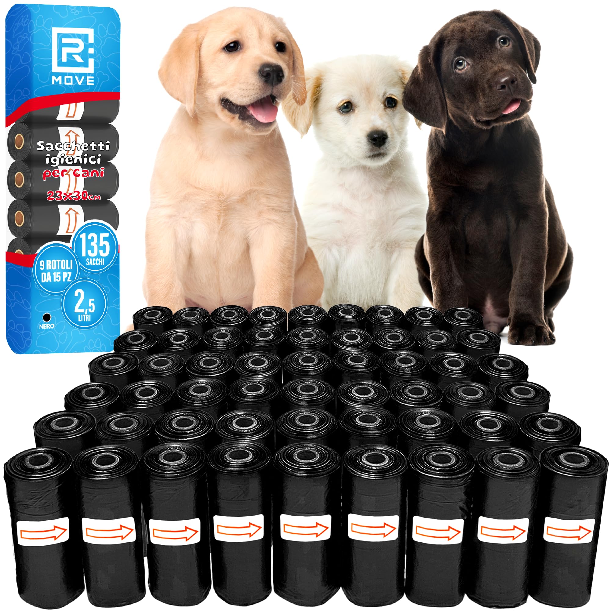 R MOVE Sacchetti Cane Cacca 810 pz (54 Rotoli) - Sacchettini Igienici per Cani, bustine per cani, dog poop bags resistenti antiforatura, 30x23 cm 2,5 Litri compatibili con tutti i porta rotoli