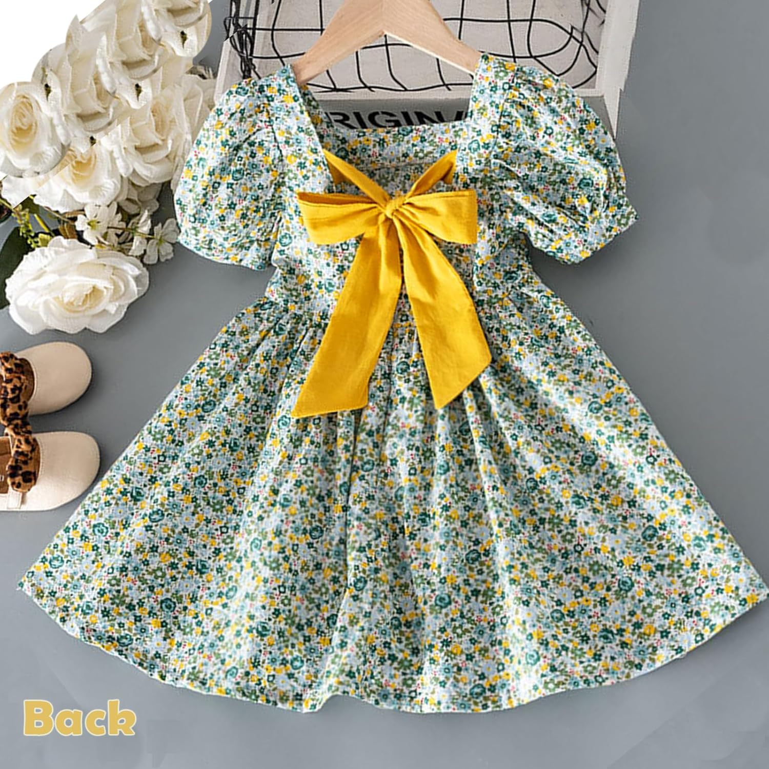 Toddler Girls Floral Dress Square Neck Puff Sleeve A-Line Smocked Dress with Bag Toddler Girls Summer Outfits - Image 3