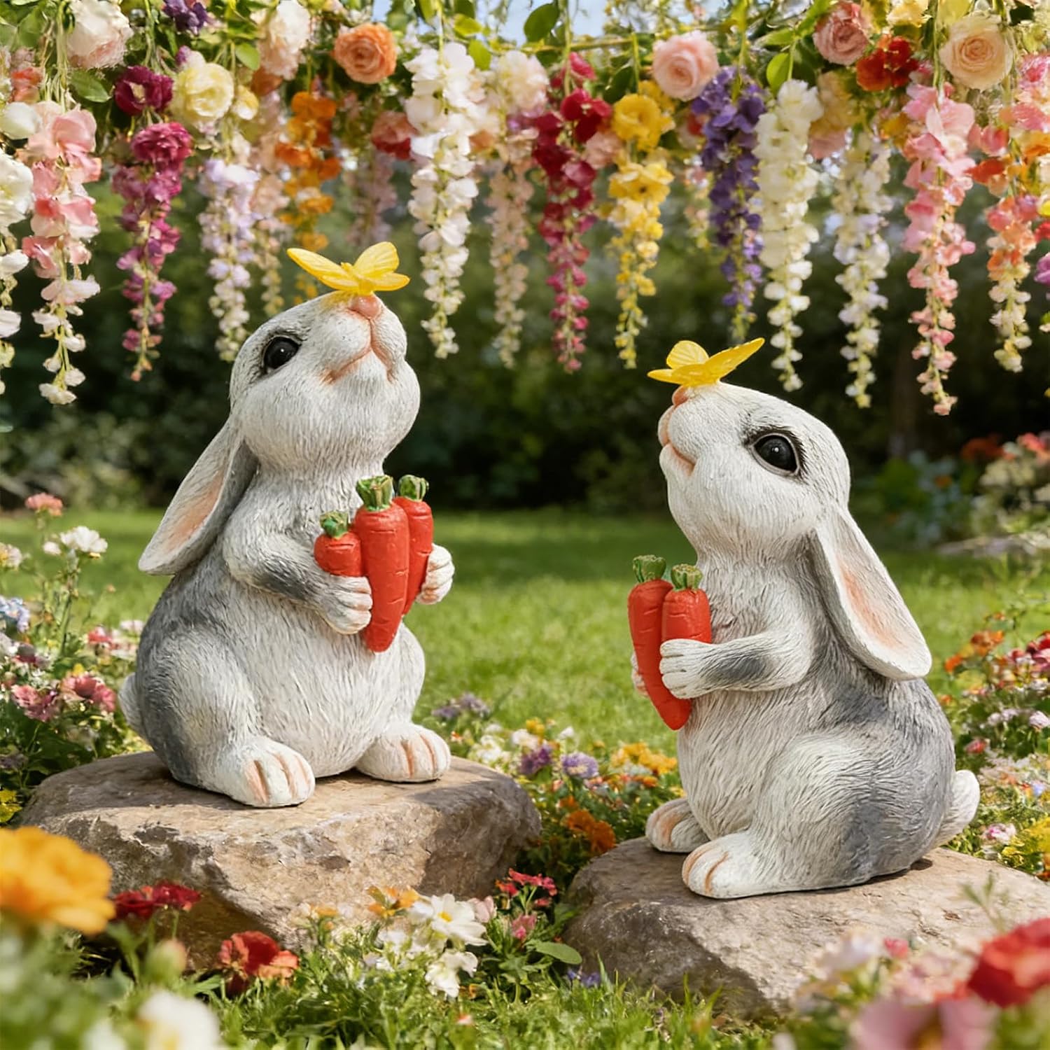 Bunny Garden Statue Easter Solar Rabbit Ornament Outdoor Decor Gifts Holding Carrot Resin Figurine with LED Lights Yard Lawn Porch Patio Decoration Housewarming Birthday Present for Mom Women