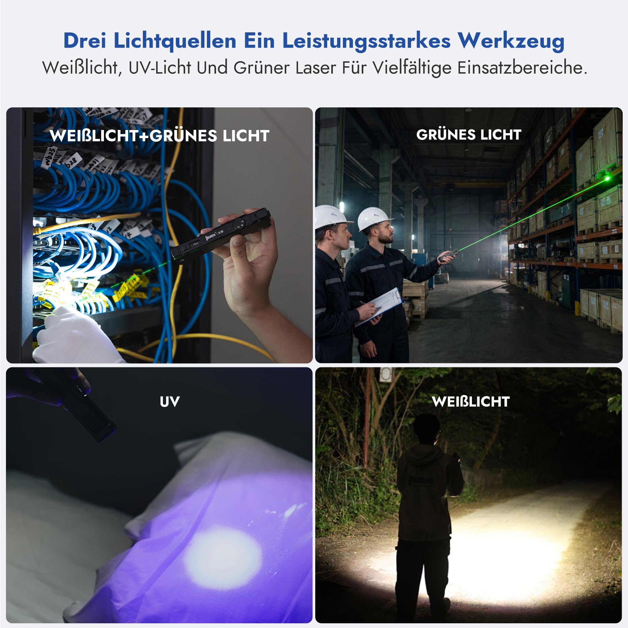 WUBEN X5 Torcia LED Ricaricabile Potente Professionale, 1300 Lumen 3 in 1 a 6 Modalità con Raggio Verde e UV Luce Nera, USB C Torcia Tattica Impermeabile IP65 per Campeggio, Esterno e Lavoro(Grigio) | Luce UV e luce verde, torcia EDC impermeabile IP65, to