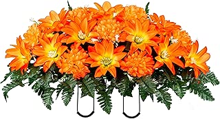 Sympathy Silks Artificial Cemetery Flowers - Realistic - Outdoor Grave Decorations - Non-Bleed Colors, and Easy Fit - Sunset Dahlia and Mums- Saddle - for Headstone - coolthings.us